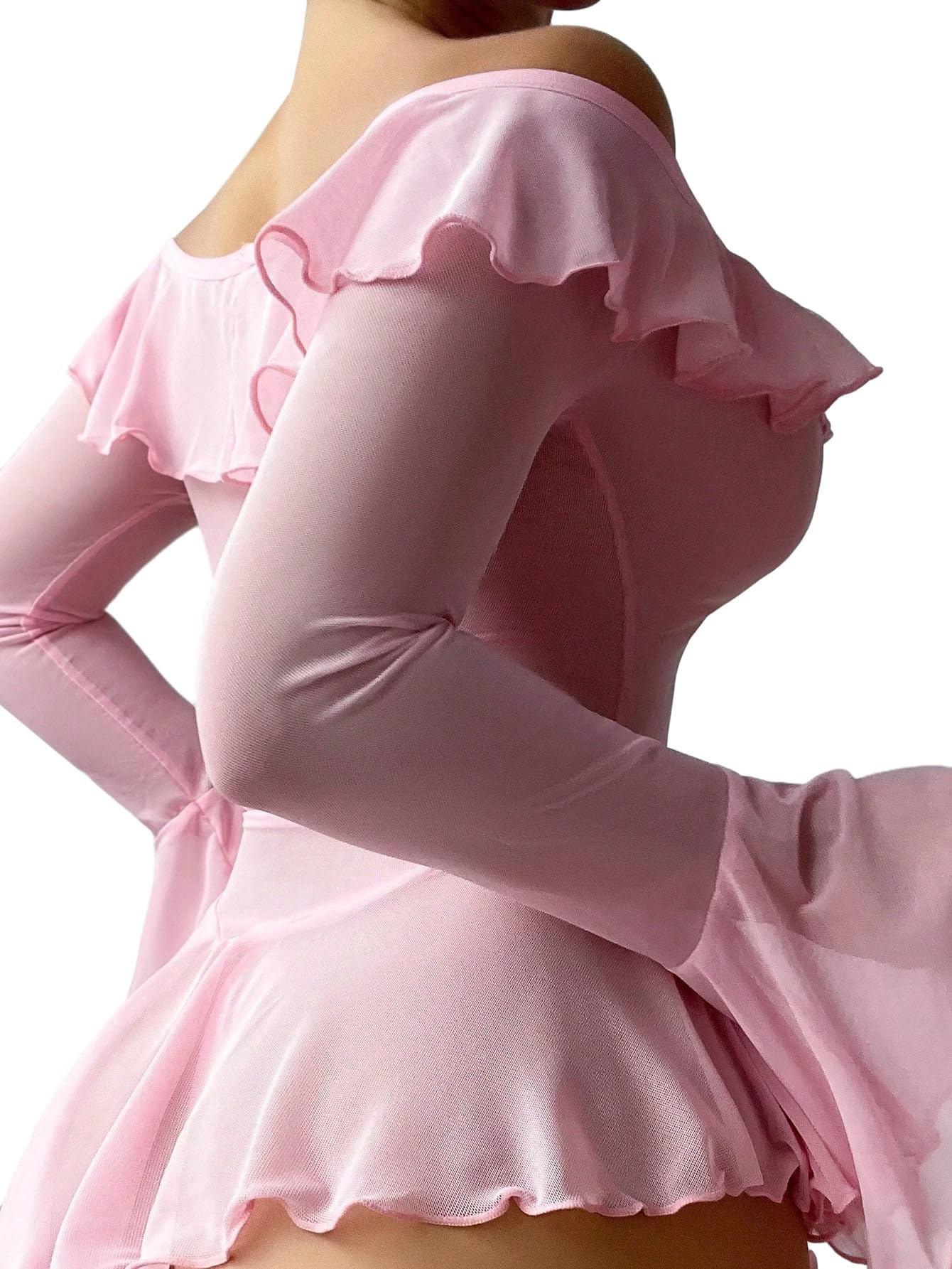 Foxiny Sexy Rave Ruffle Bell Sleeve Mesh Sheer Babydoll Lingerie Set Dress with Thong 2 Piece: Small Pink