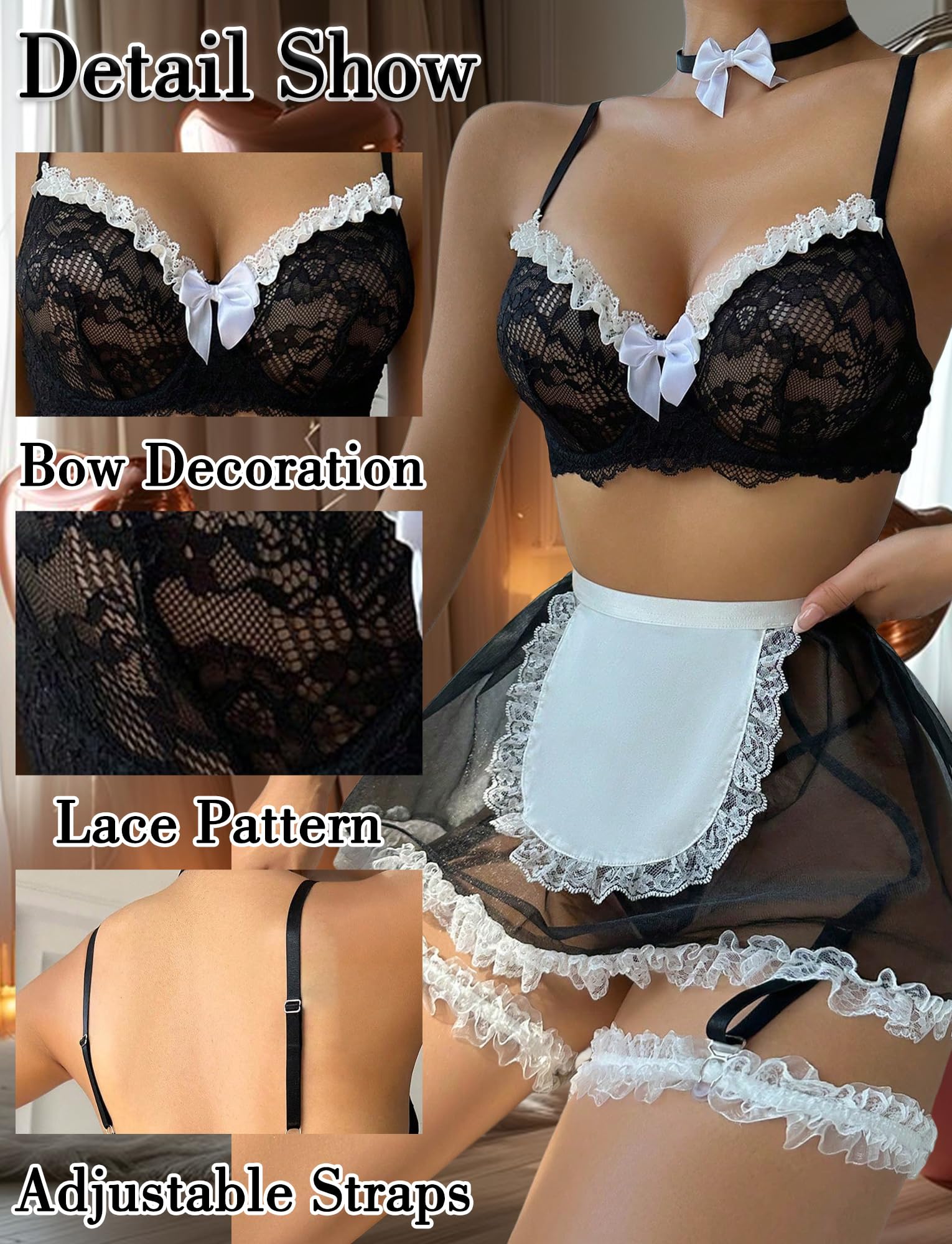 Aivtalk Women's 3 Piece Maid Lace Colorblock Underwire Costume Lingerie Set: Aivtalk Women's 3 Piece Maid Lace Colorblock Underwire Costume Lingerie Set