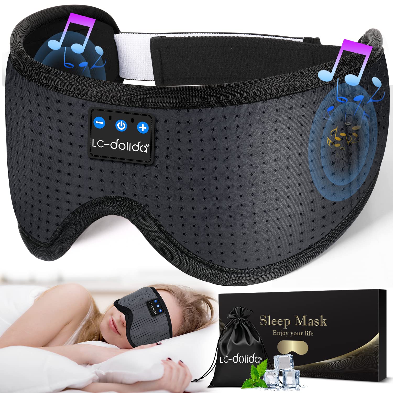 LC-dolida Sleep Headphones, 3D Sleep Mask Bluetooth Wireless Music Eye Mask, Sleeping Headphones for Side Sleepers Sleep Mask with Bluetooth Headphones Ultra-Thin Stereo Speakers Perfect for Sleeping thumbnail 1
