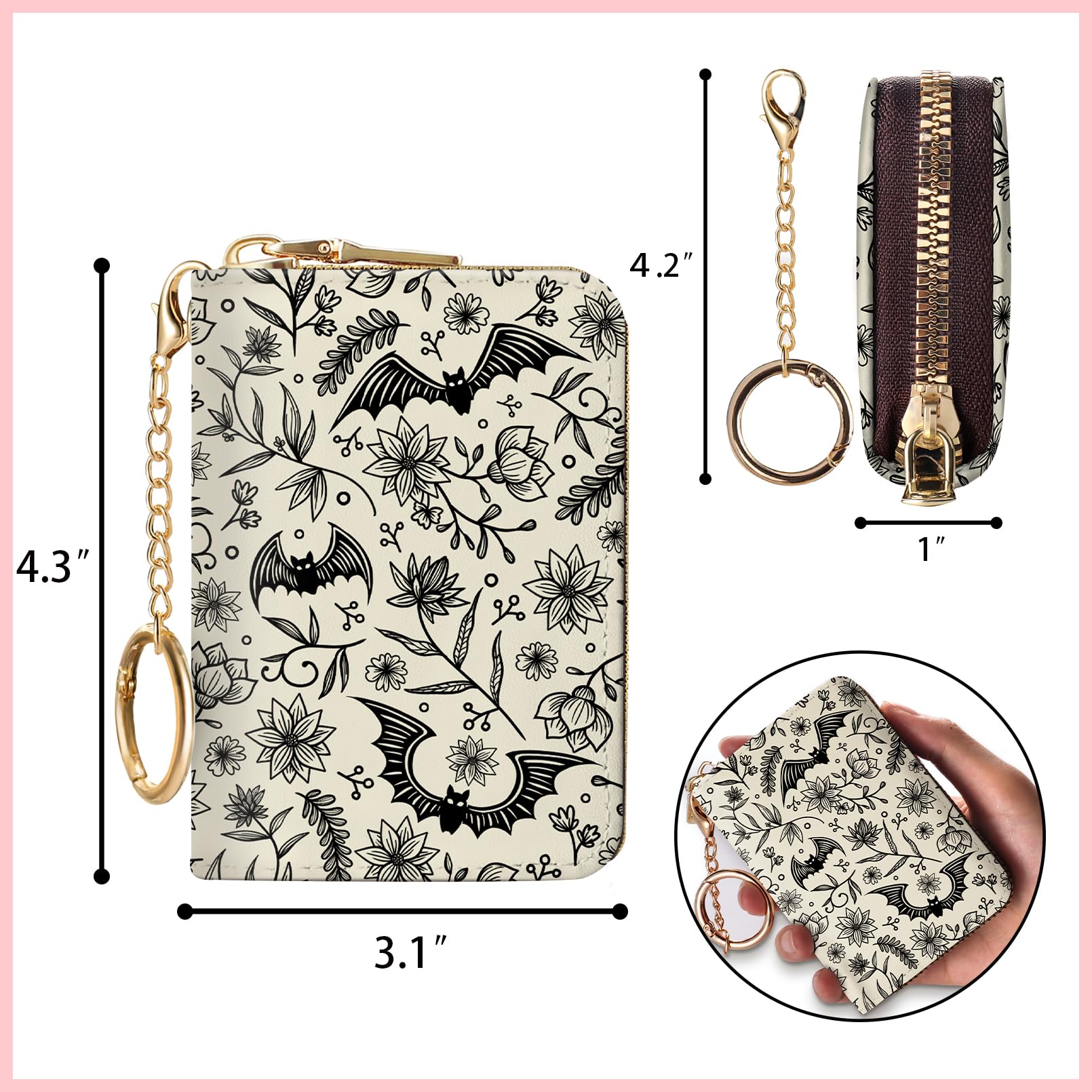 Blusabaca  Credit Card Holder for Women, Gothic Floral Small RFID Wallet with Zipper, Card Keychain Wallet, Leather Wallet Card Case, Business Accordion Wallet Gift: Goth Bat