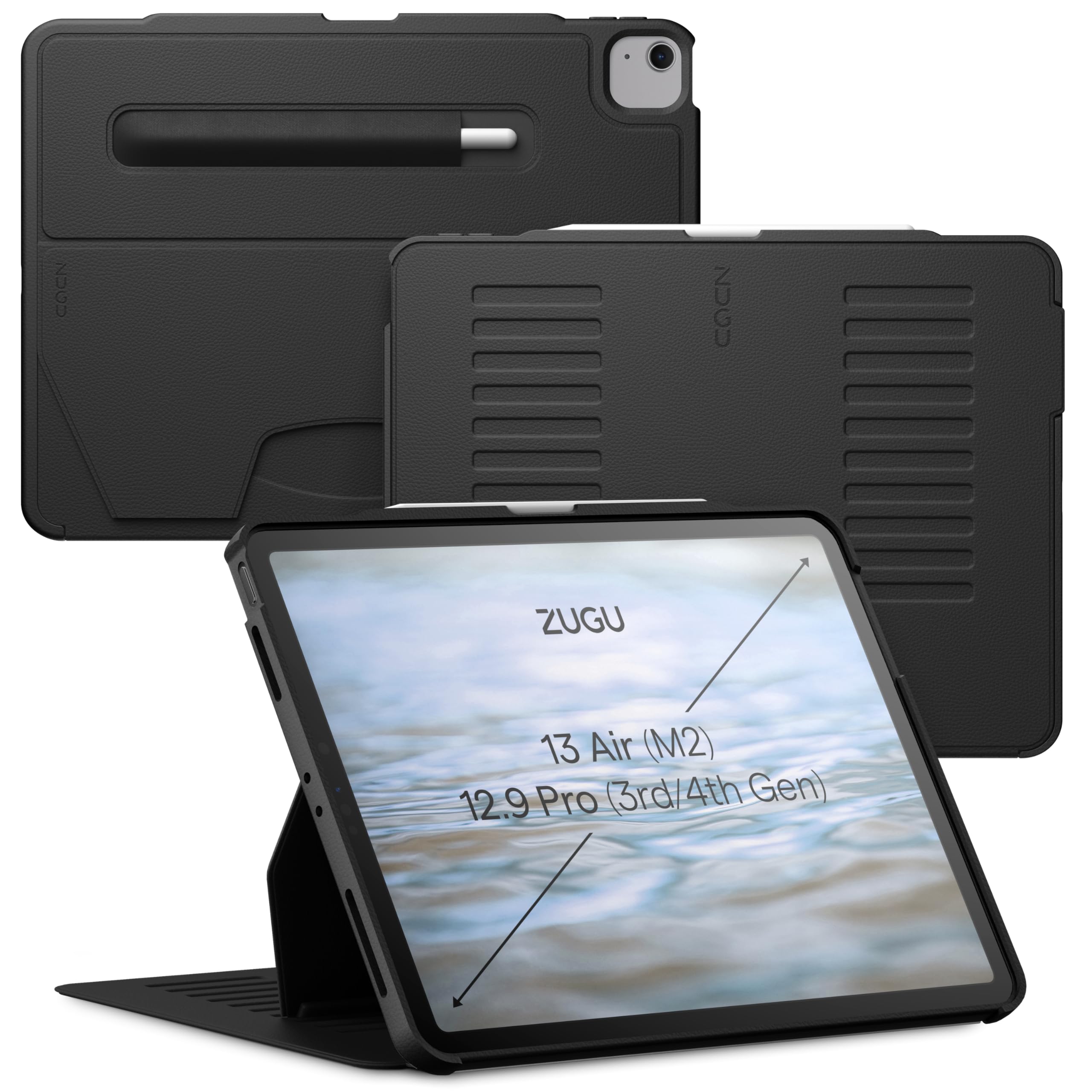 Zugu Case for iPad Air 13 Inch M3 2025 & M2 2024 &/12.9 inch (3rd/4th Gen), Slim Protective Cover with Apple Pencil Charging & Storage, Auto Wake/Sleep, Multiple Viewing Angles (Black)