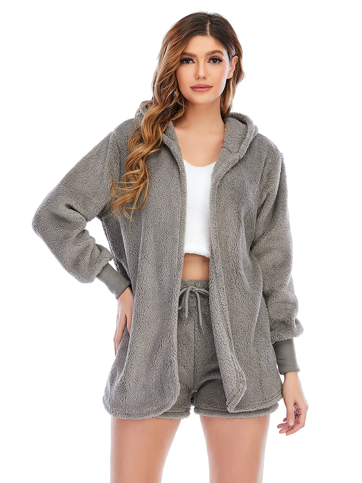 Famnbro Women's Sexy Fuzzy 3 Piece Outfits Fleece Warm Hooded Cardigan Crop Top Shorts Set Pajamas Loungewear