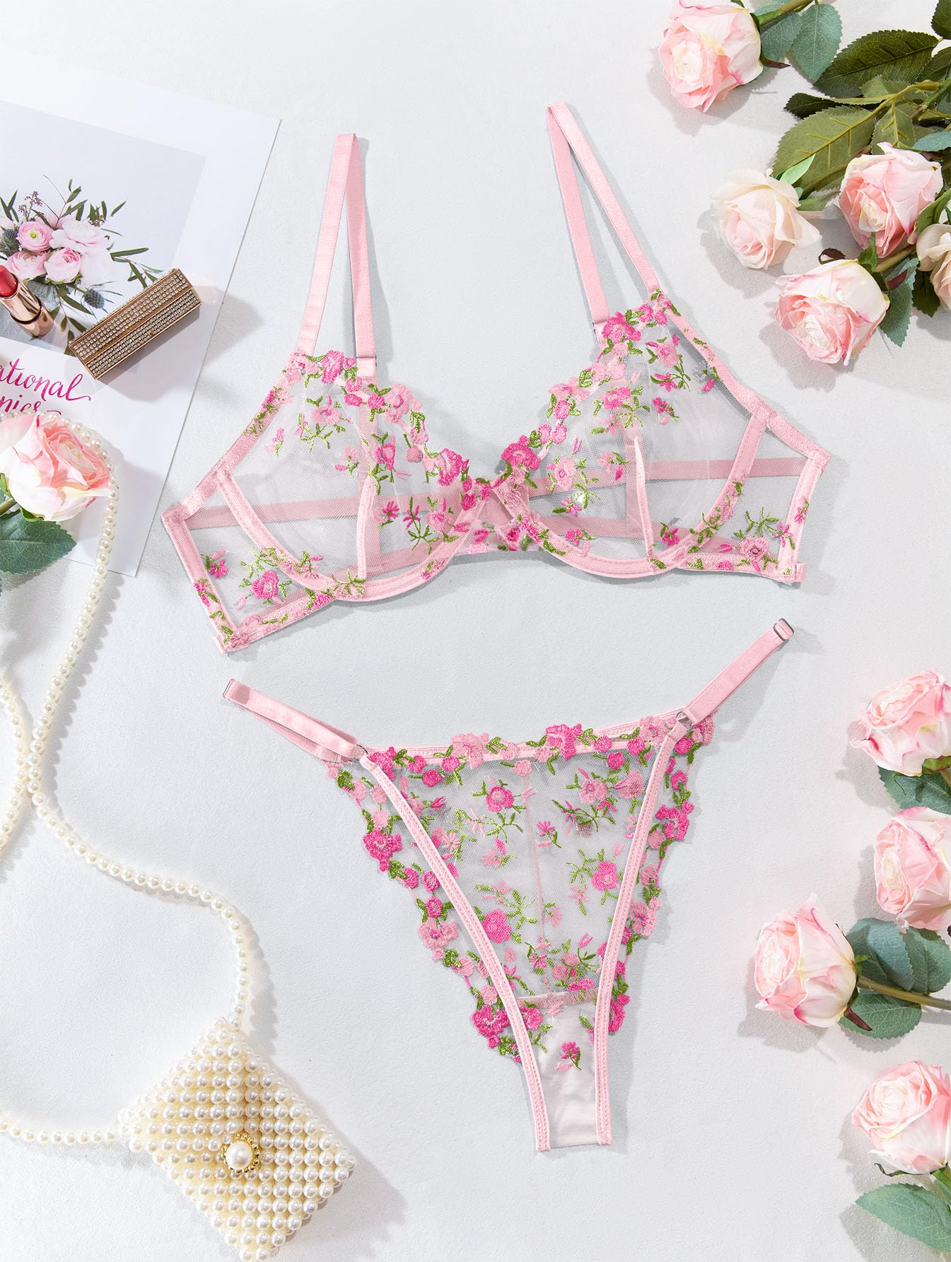 Lilosy Sexy Floral Embroidered Mesh Sheer Underwire Lingerie Set