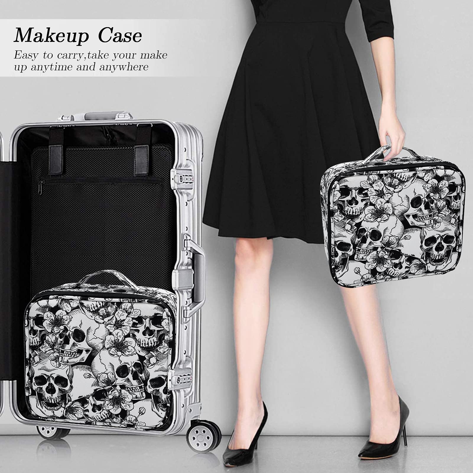 9CH Goth Makeup Organizer Bag, Halloween Makeup Bags Large Cosmetic Bag with Adjustable Dividers Portable Bat Cosmetic Case for Make up Brushes Toiletry Jewelry（Black Bats）: Skull Floral