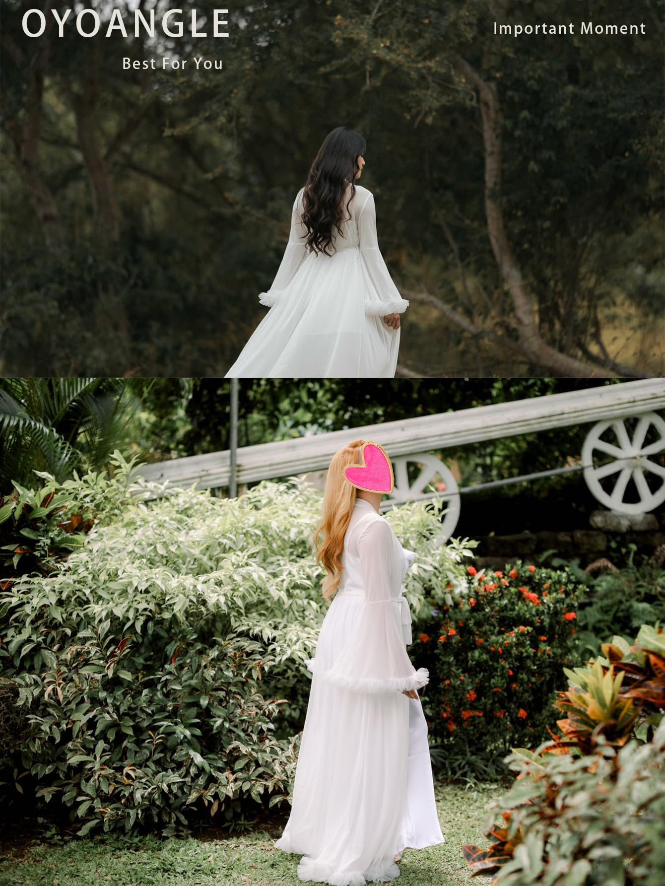 OYOANGLE Women's Ruffle Trim Long Sleeve Belted Sheer Mesh Wedding Bride Robe Nightgown: Small White
