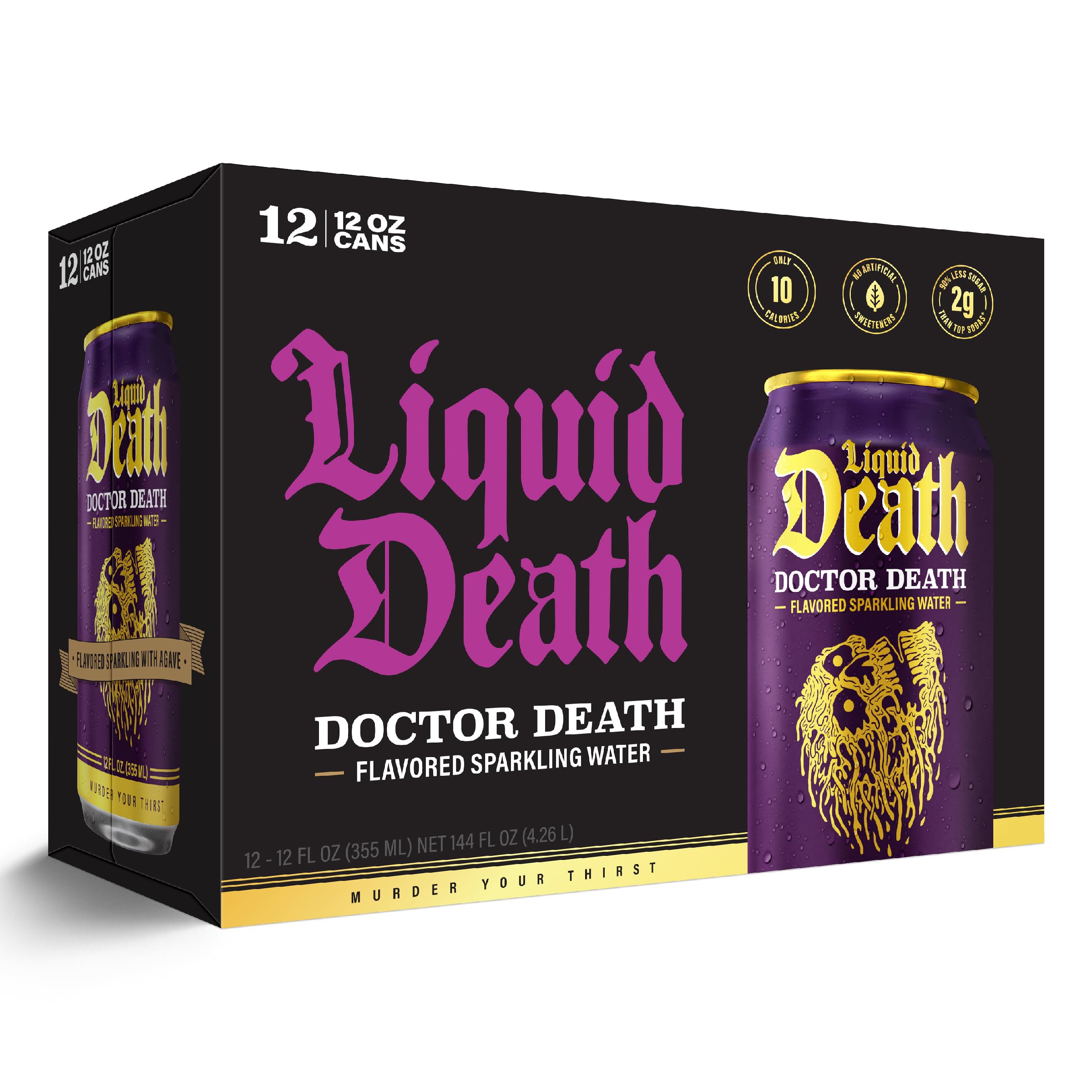 Liquid Death, Doctor Death, Soda-Flavored Sparkling Water, 12-Pack (12oz Cans), Low Calorie & No Artificial Sweeteners: Doctor Death 12 Fl Oz (Pack of 12)
