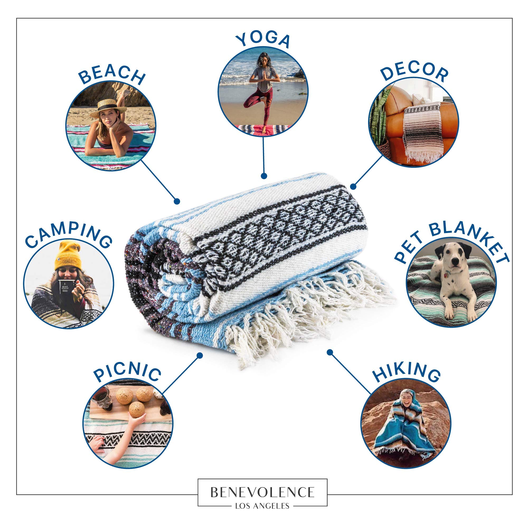 Benevolence LA Authentic Handwoven Mexican Blanket | Yoga Blankets, Outdoor, Picnic, Beach, Camping | Equestrian Saddle | Serape 50x70 inches - , Pack of 1