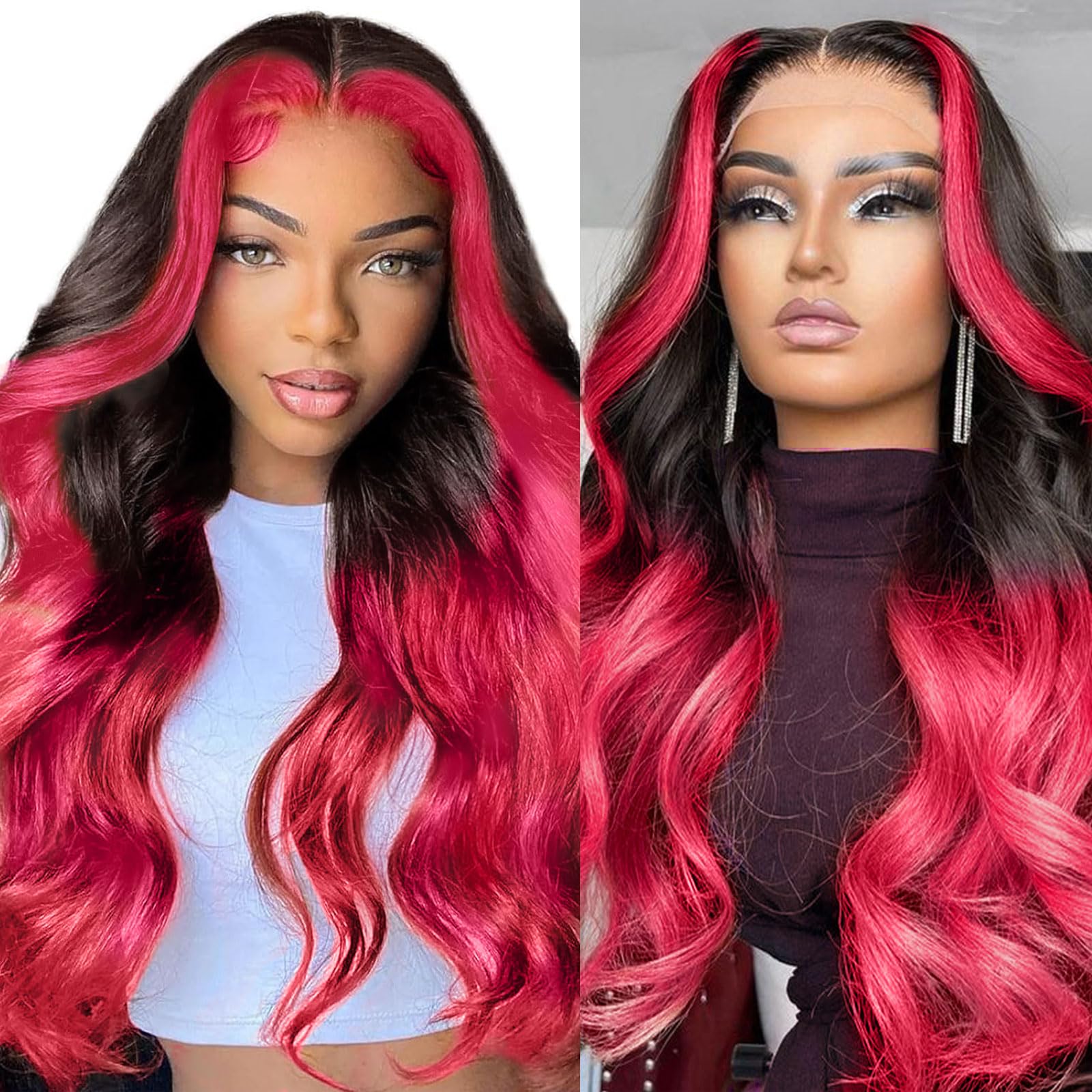 haha 13x6 Ombre Pink Lace Front Wig Human Hair Black and Hot Pink Highlight Wig Body Wave Hd Lace Frontal Wig Glueless Pre Plucked Bleached Knots Skunk Stripe 180% Density 20 Inch