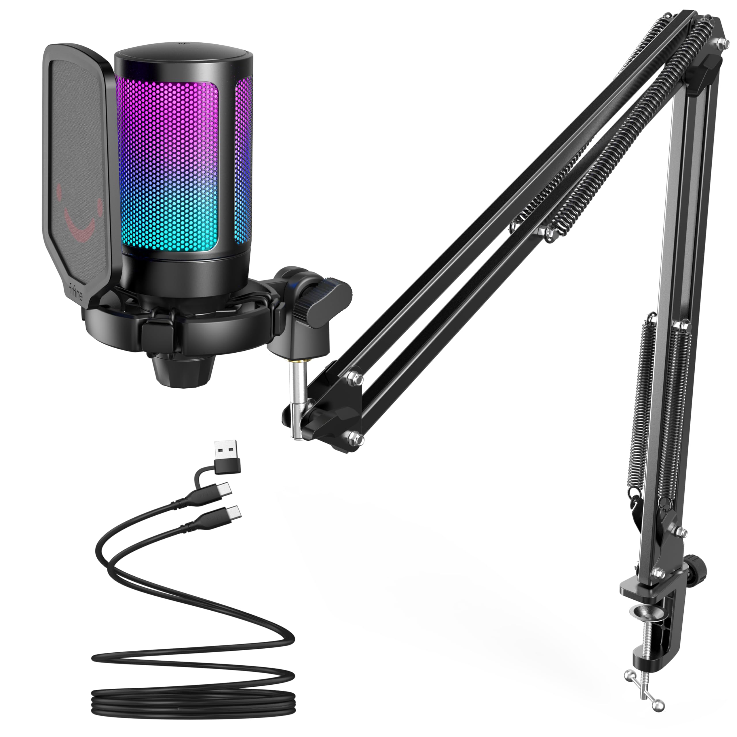 FIFINE Gaming PC USB Microphone, Podcast Condenser Mic with Boom Arm, Pop Filter, Mute Button for Streaming, Twitch, Online Chat, RGB Computer Mic for PC Gamer Youtuber-AmpliGame A6T thumbnail 1