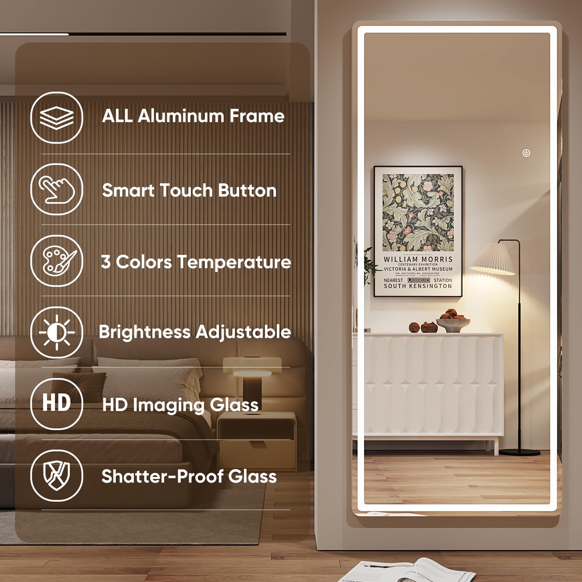 Antok LED Full Length Mirror, 71" x 28" Lighted Floor Standing LED Mirror Full Length,Hanging Mirrors with Stand Free Standing Floor Mirrors for Bedroom (Rect) - Image 5