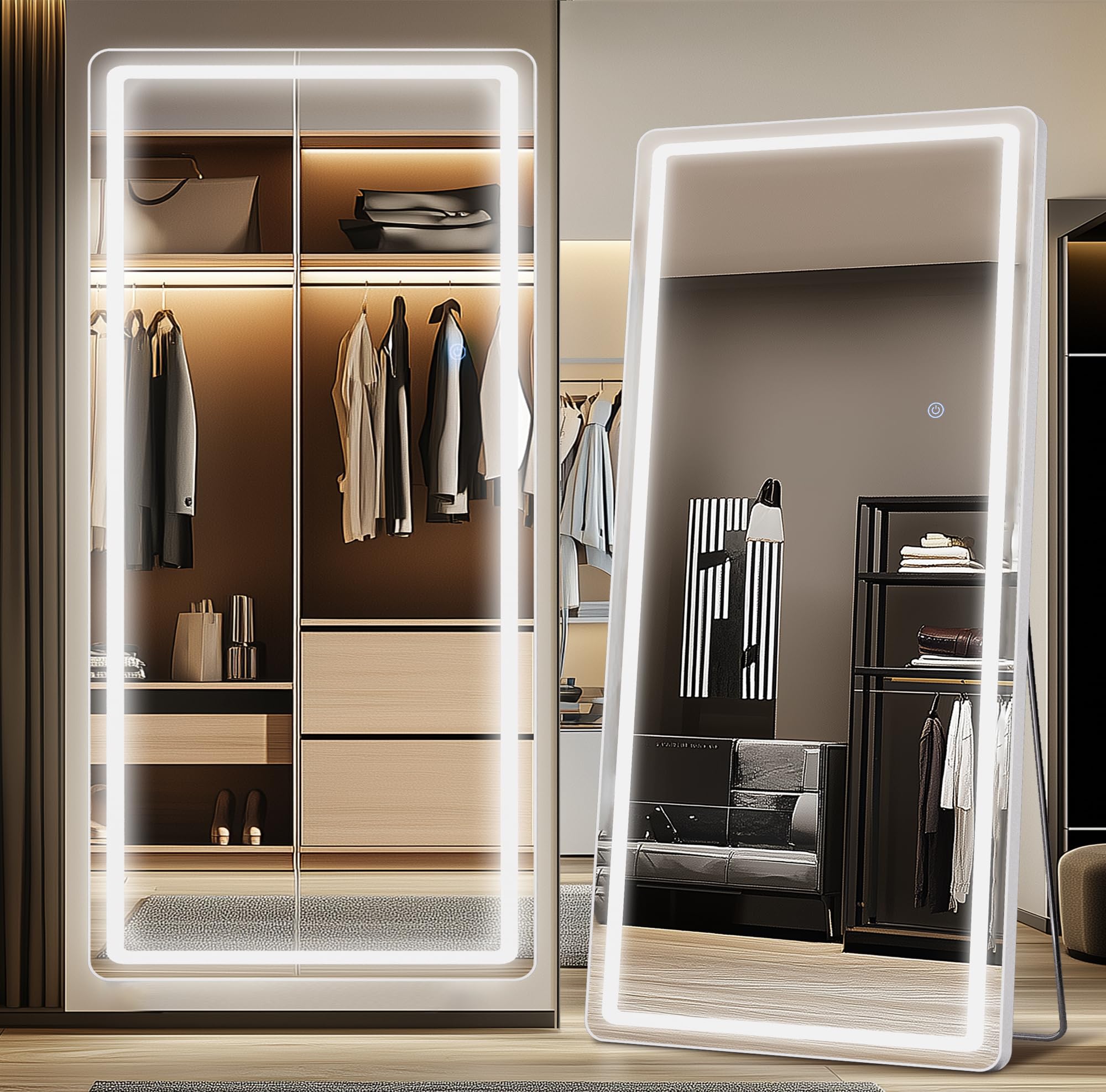 Antok LED Full Length Mirror, 71" x 28" Lighted Floor Standing LED Mirror Full Length,Hanging Mirrors with Stand Free Standing Floor Mirrors for Bedroom (Rect): 59"L x 22"W Rect Style White