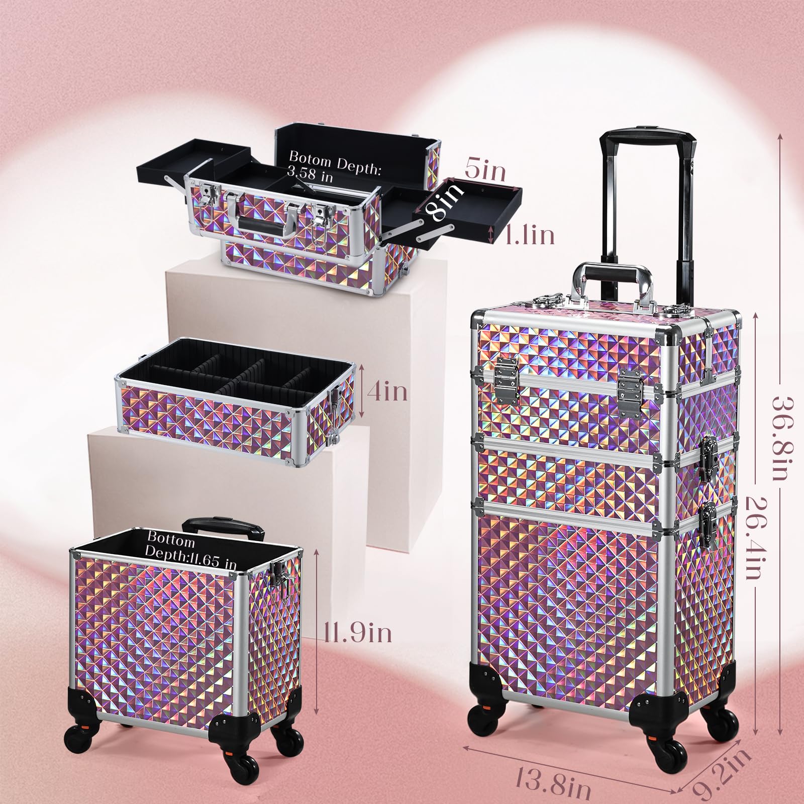 FRENESSA 3 in 1 Rolling Makeup Train Case Portable Cosmetic Trolley Large Storage for Professional with 360° Swivel Wheels Salon Barber Case Traveling Cart Trunk - Glitter Pink