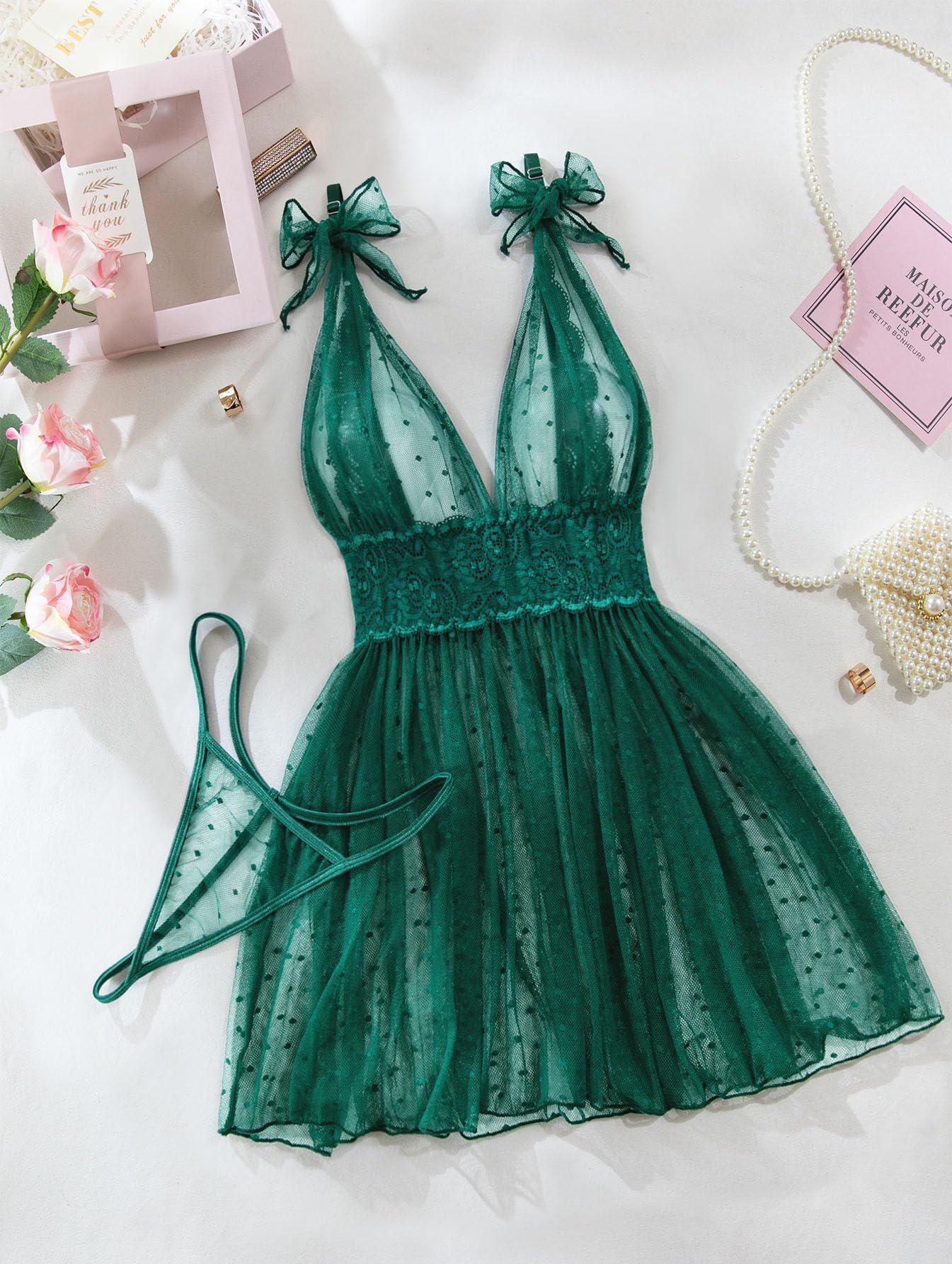 Lilosy Sexy Polka Dots Mesh Sheer Lace Babydoll Chemise Lingerie Set Floral Lace Sleep Wear: 3X-Large Army Green