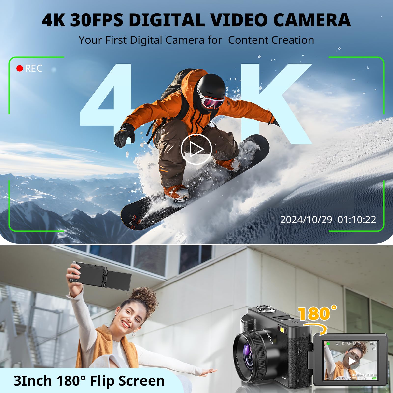 4K Digital Camera for Photography Autofocus, 2024 Latest 48MP Vlogging Camera for YouTube with SD Card, 2 Batteries, 3" 180°Flip Screen Compact Travel Camera for Teens with 16X Zoom, Anti-Shake,: Black