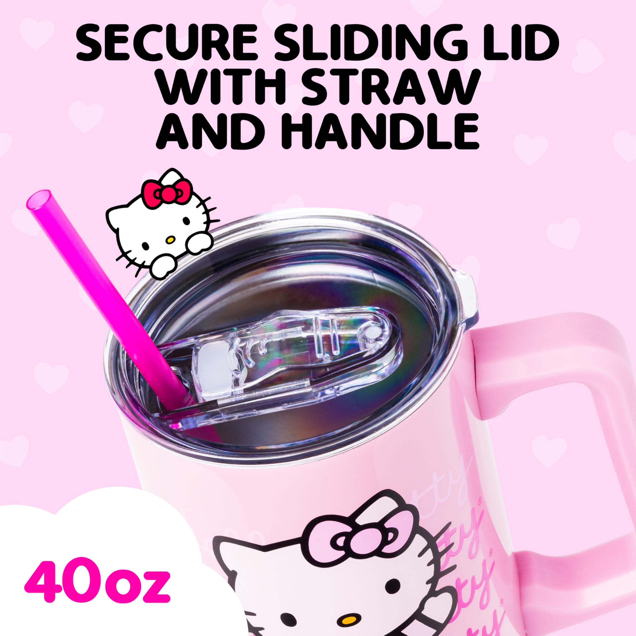 Silver Buffalo Sanrio Hello Kitty Waving Stainless Steel Tumbler with Handle and Straw, Fits in Standard Cup Holder, 40 Ounces