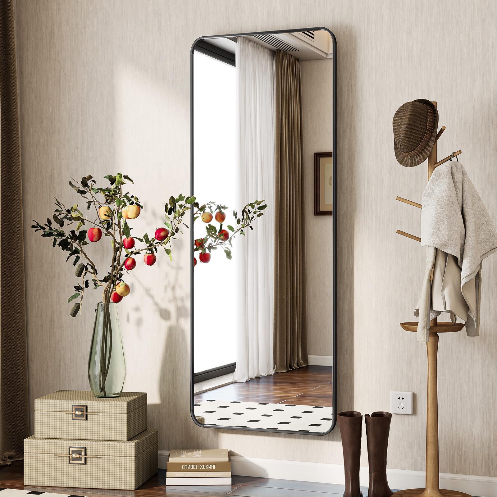 BEAUTYPEAK Black Full Length Mirror, 56"x21" Rounded Corner Floor Mirror Standing Hanging or Leaning Against Wall, Suitable for Bedroom or Dressing Room: 56"L x 21"W Black