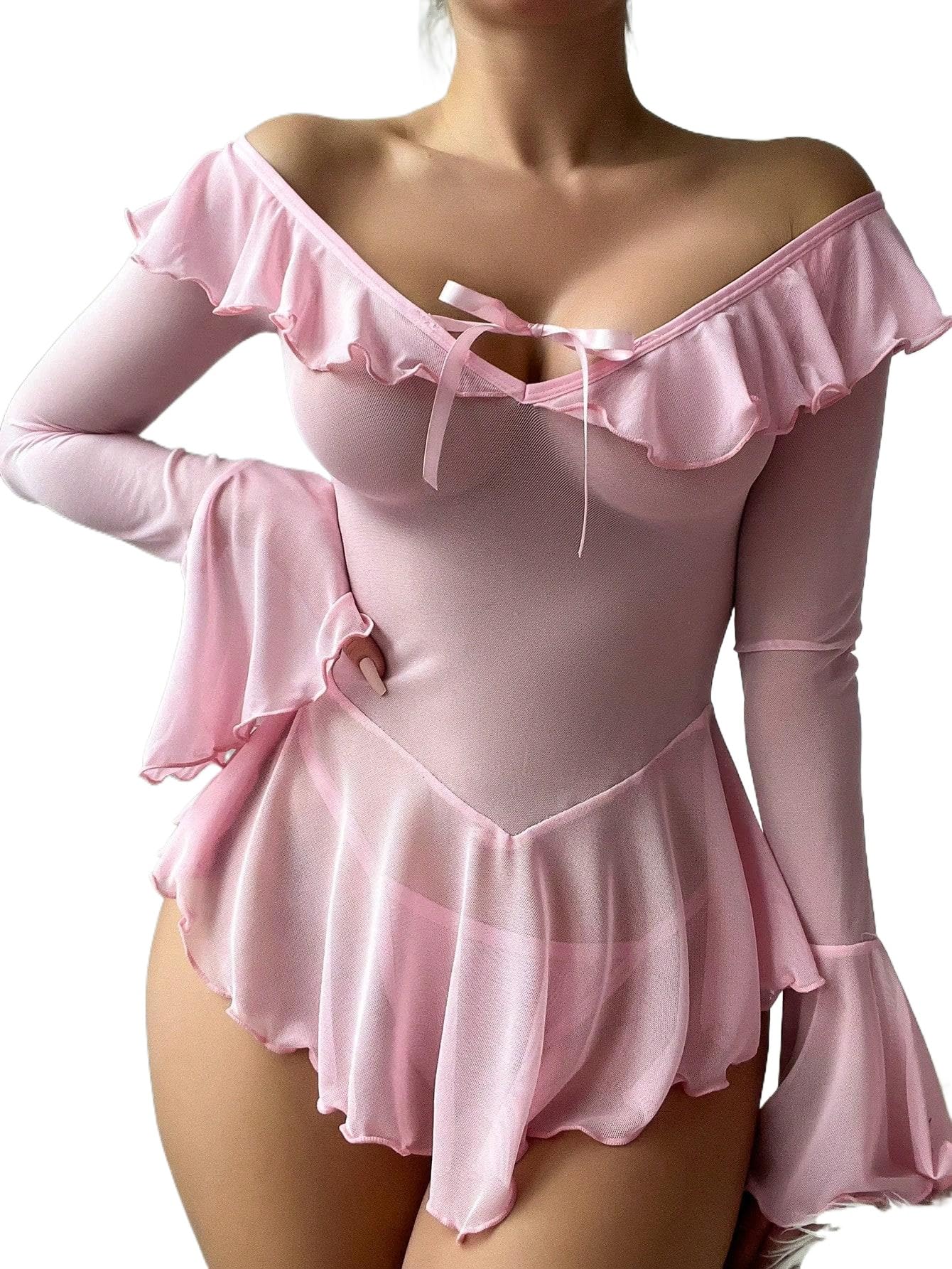 Neohouny Sexy Lingerie for Women Rave Outfits Clubwear See Through Lingerie Sets Bell Sleeve Ruffle Mesh Tops