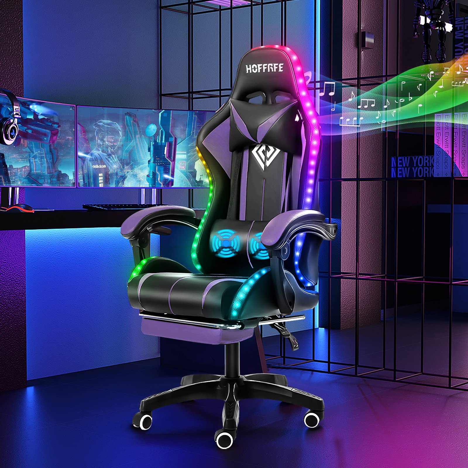 HOFFREE RGB Gaming Chair with Speakers Massage Computer Gaming Chair with LED Lights and Footrest High Back Video Game Chair for Adults Purple and Black
