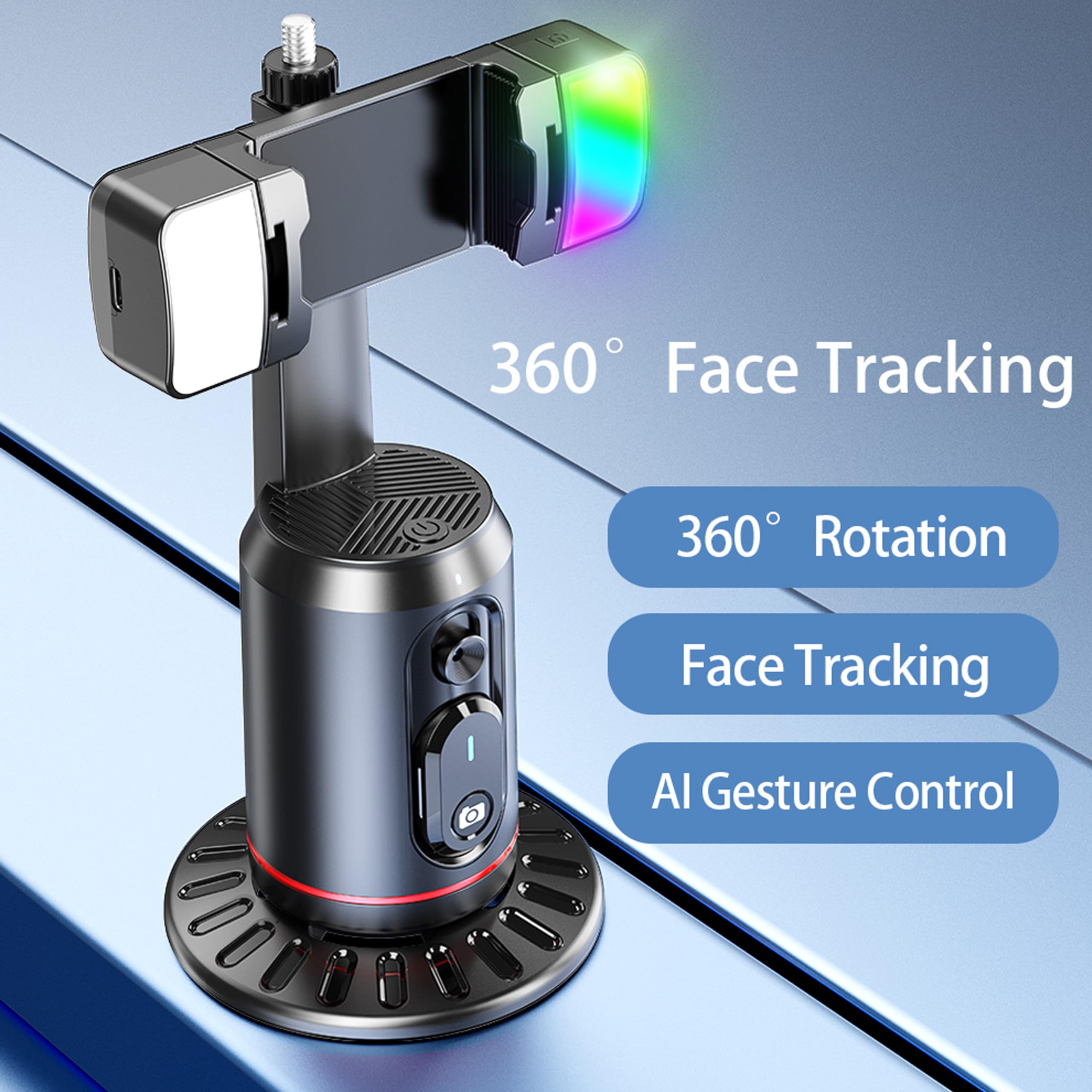 MQOUNY Auto Face Tracking Phone Holder, 360° Rotation Face Body Phone Tripod Smart Shooting Camera Mount with Rechargeable Remote and Light for Live Vlog Streaming Video, Rechargeable: Gray