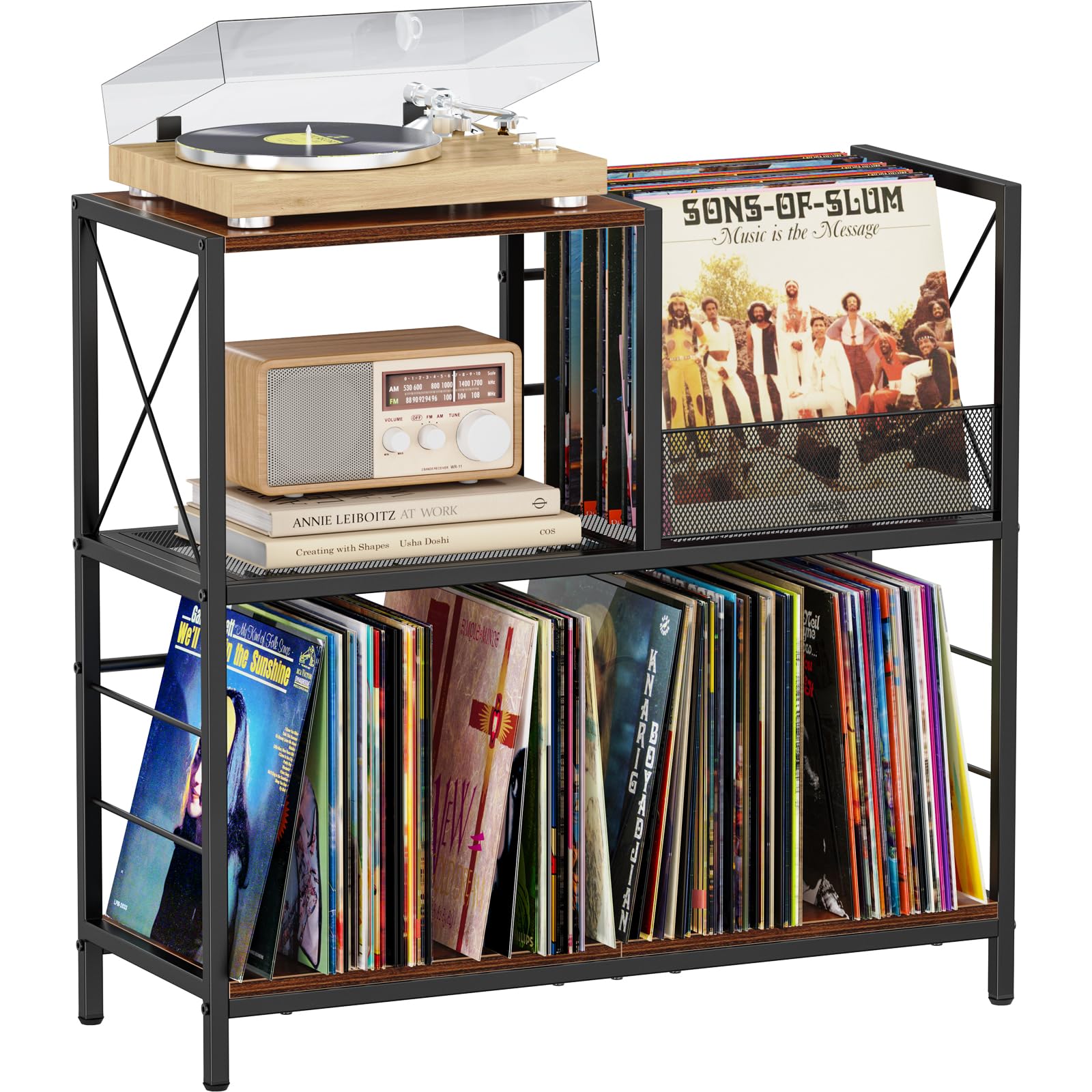 Snughome Large Vinyl Record Player Stand, Holds Up to 300 Albums, Wooden Record Display Table with 3 Adjustable Divider for Turntable Stand, Large Record Player Table Vinyl Album Storage