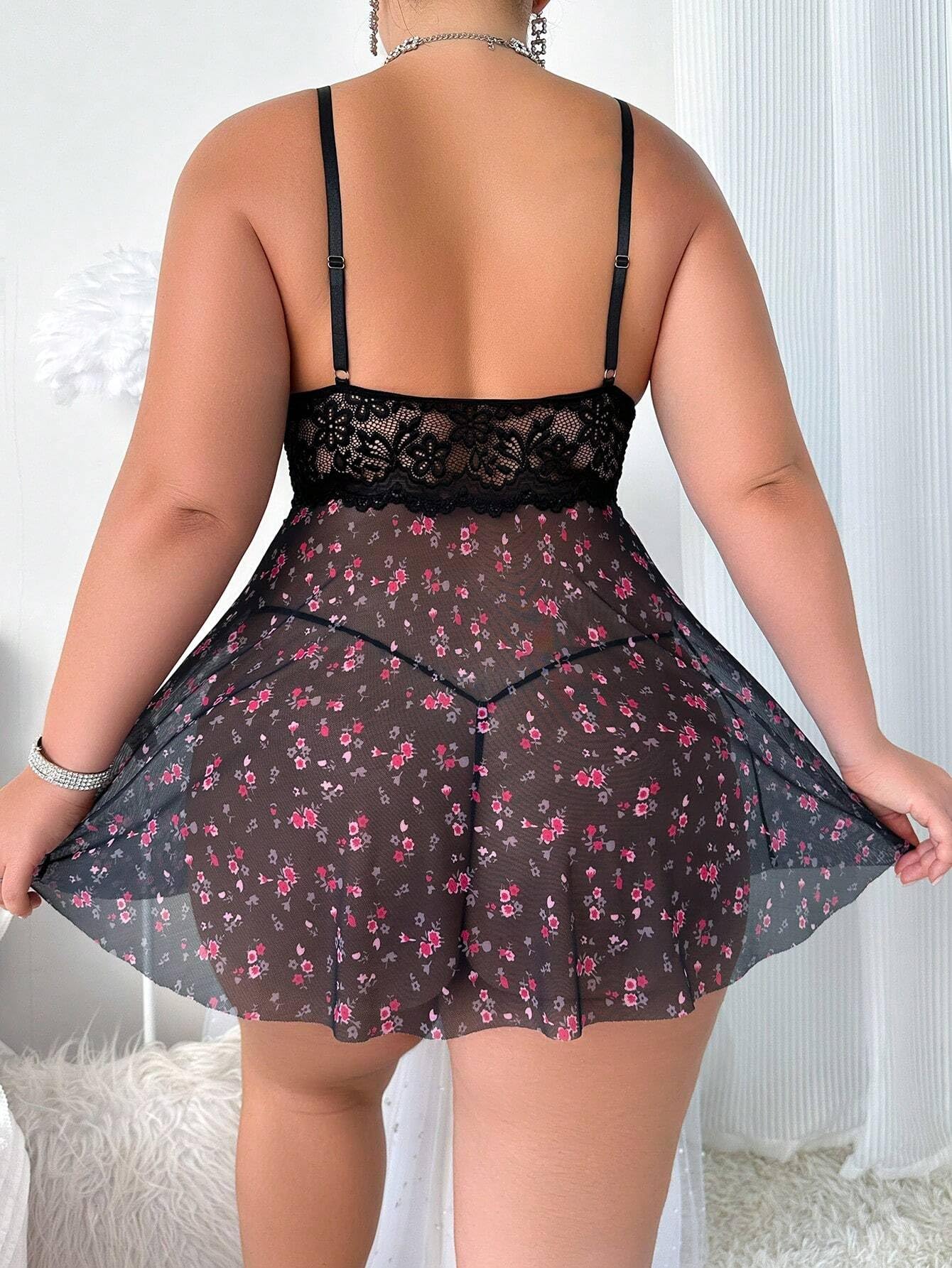 JuicyRose Women Plus Size Lace Lingerie Flower Print Nightwear Hollow Out Babydoll Chemise Sleepwear: Black 3X-Large