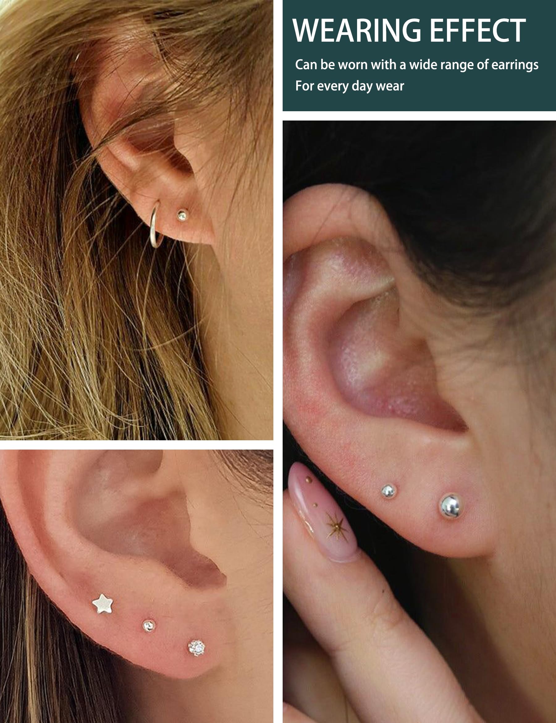 ZNBOH 3 Pairs 14k Gold Stud Earrings for Women Hypoallergenic 925 Sterling Silver Post Dainty Silver Cartilage Tragus Earrings Stacks Set Trendy Small Diamond Heart Multiple Piercing Jewelry for Men thumbnail 3
