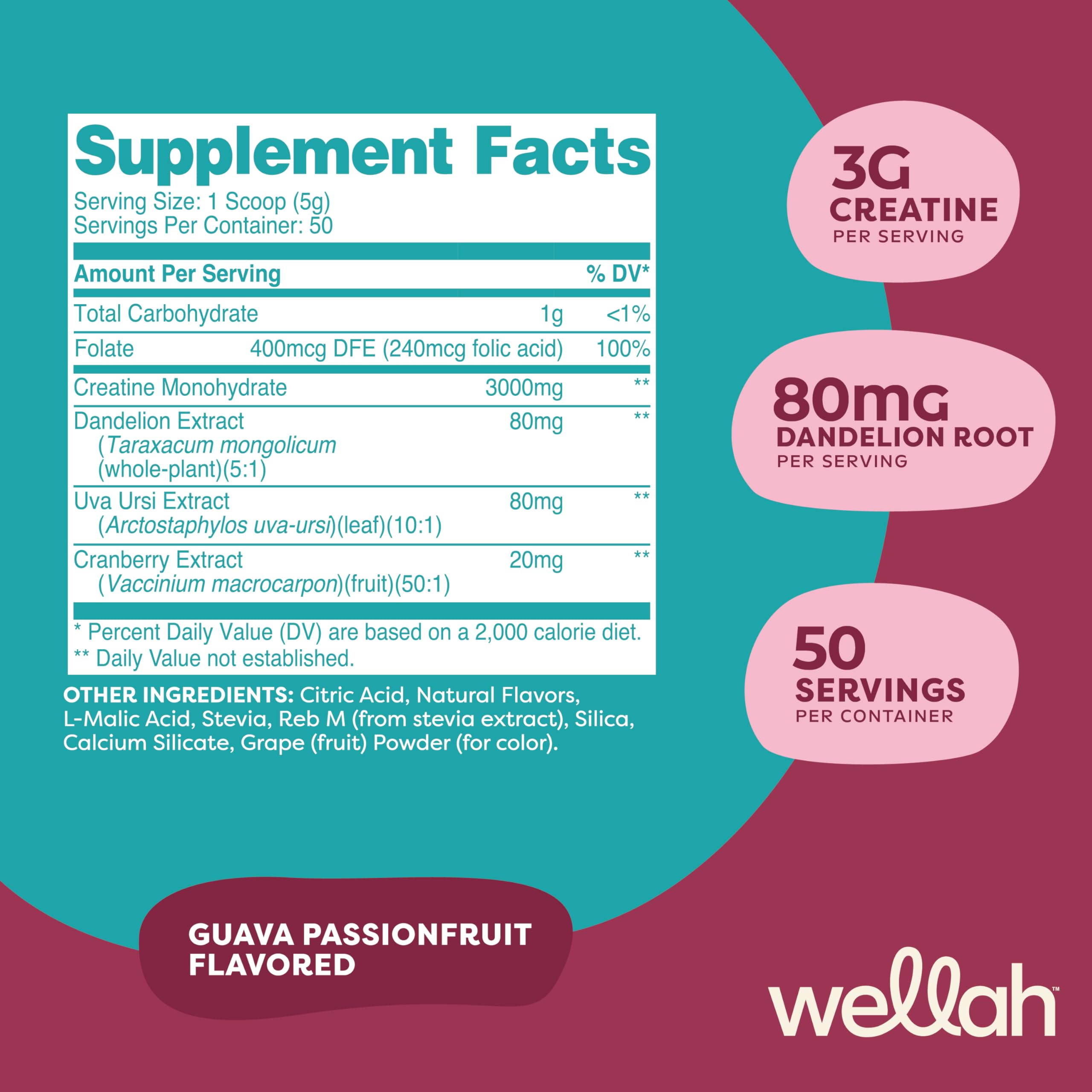Wellah Pump-It-Up Creatine (50 Servings, ) - Creatine Monohydrate with Dandelion, Uva Ursi, & Cranberry Extract: Guava Passionfruit