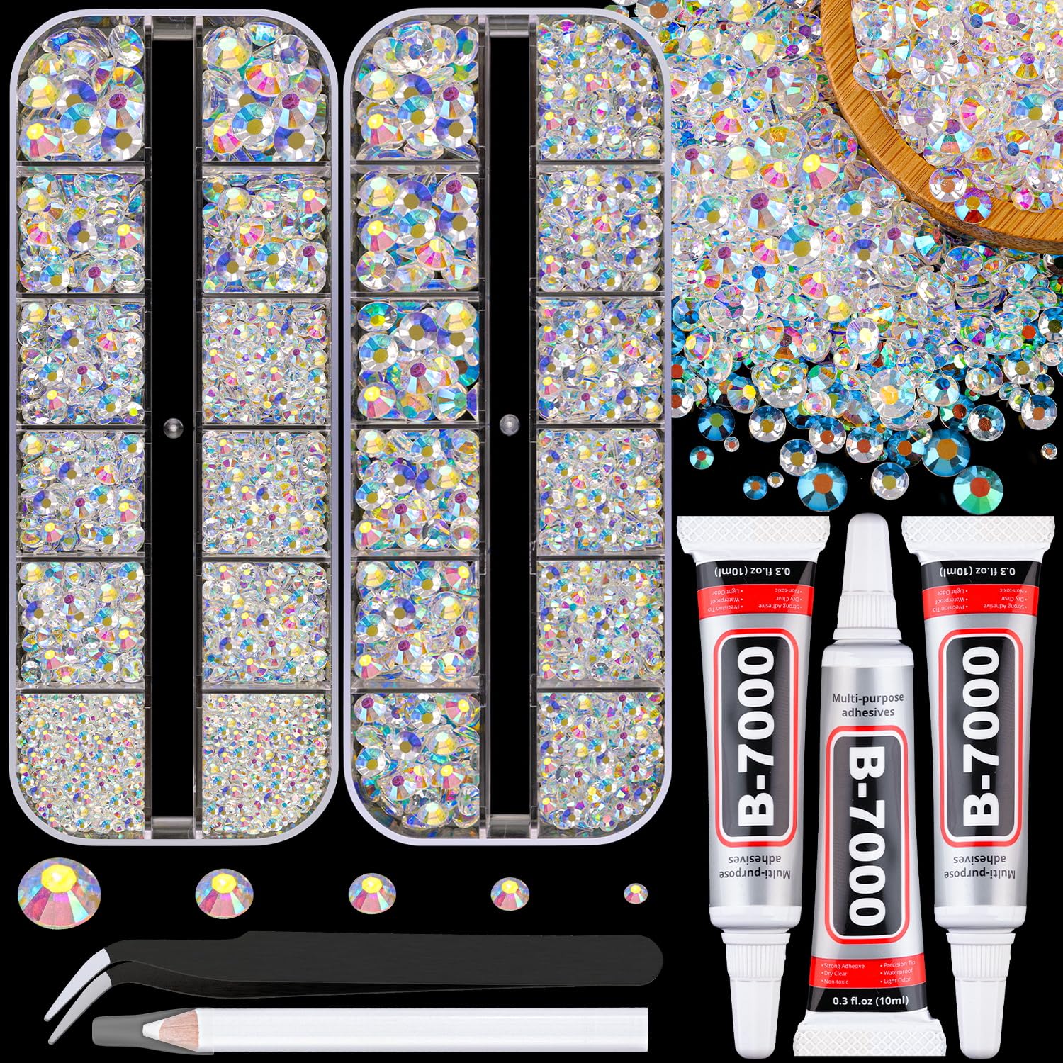 30000Pcs Resin Rhinestones with Tweezers for Crafting, Silver Clear Flatback Gems, Bedazzling Crystal with 3Pcs 10ml B7000 Jewelry Glue for DIY Crafts Clothing Tumblers Shoes Fabric Nail Art
