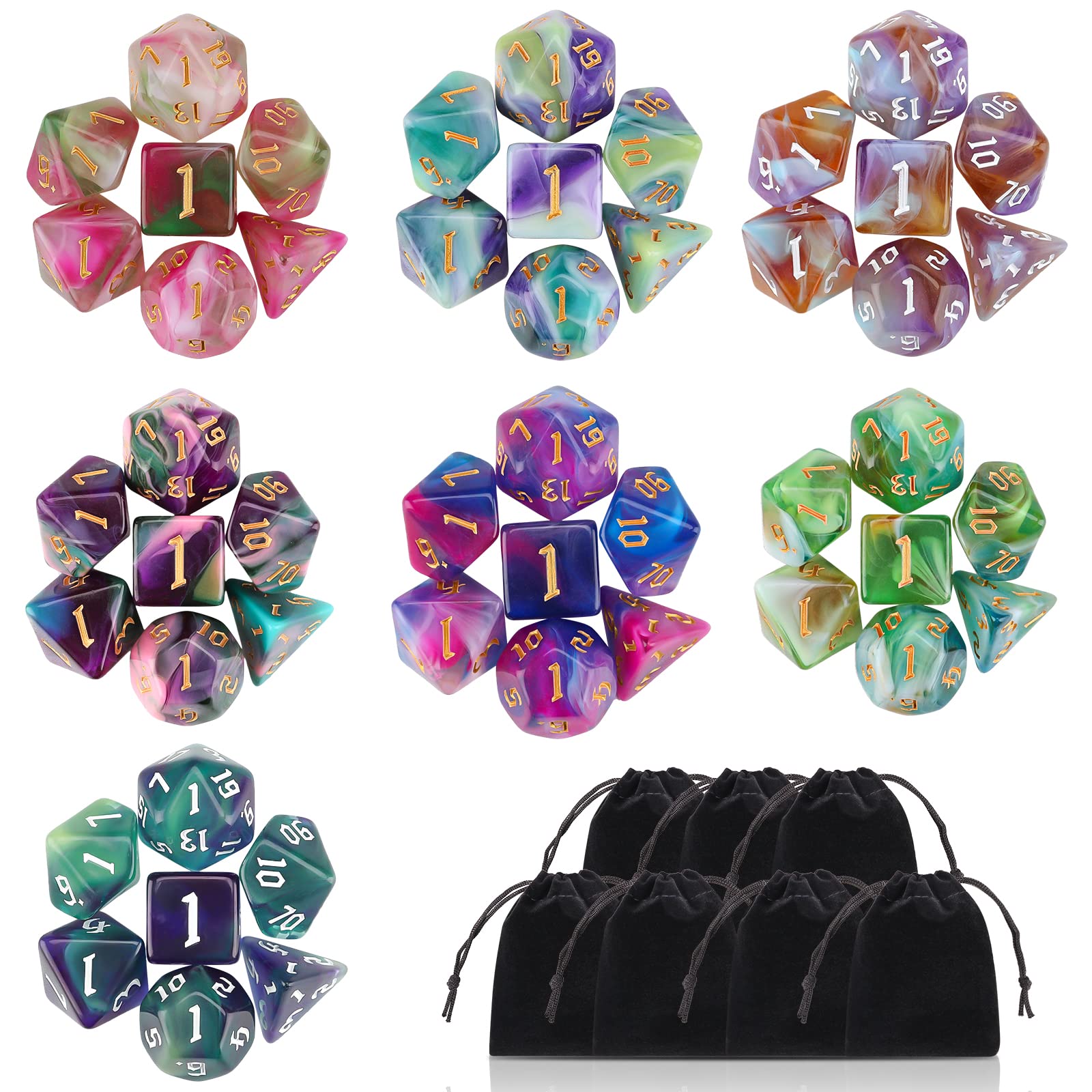 Surhugvy DND Dice Set, 7 X 7 (49 Pieces) Polyhedral Dice Set for Dungeons and Dragons DND RPG MTG Table Games with 7 Pack Black Bags: 49pcs
