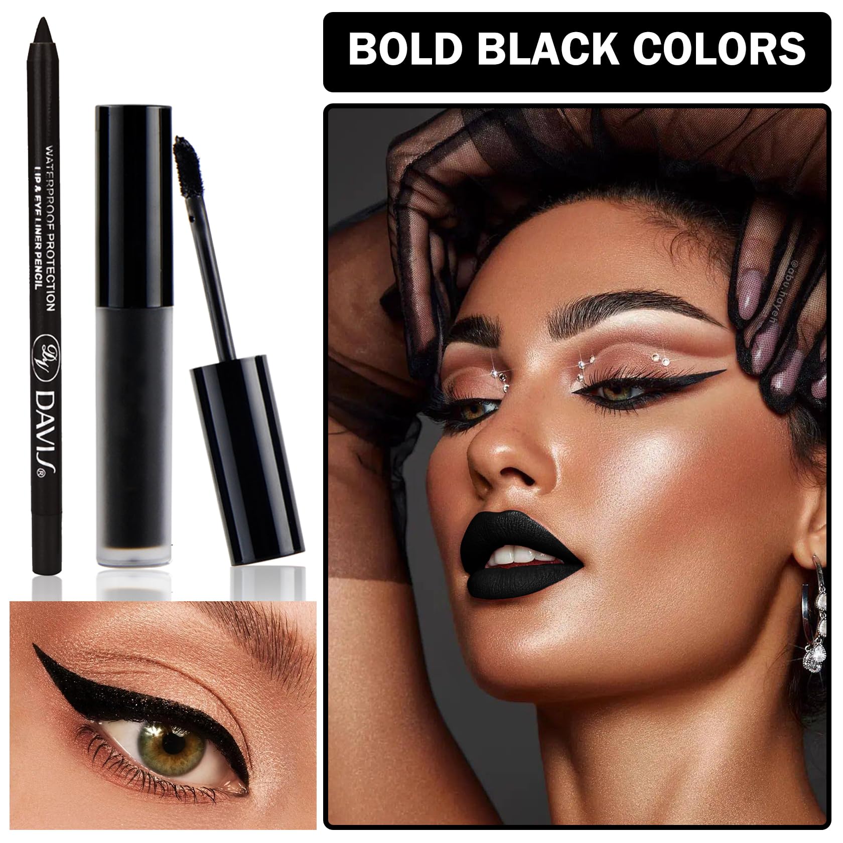 QIUFSSE 3 in 1 Black Lip Liner Pencil and Lipstick lipgloss Set Matte Black Lipstick Lip Gloss Kit Long-lasting Nonstick Cup Smudge Proof Lip Kits with Lip Liner,Velvet Goth Makeup (): Black