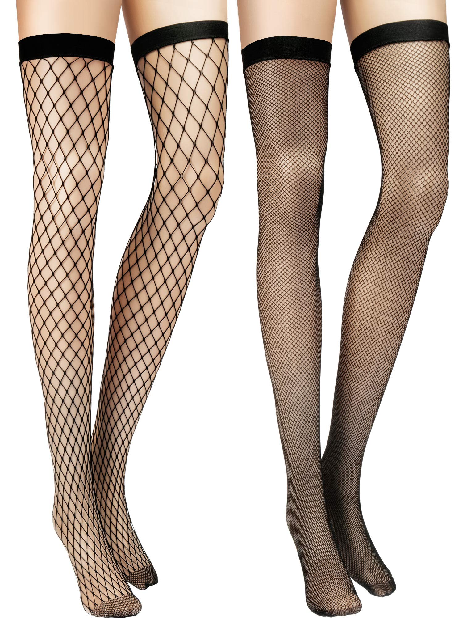 Zhanmai 2 Pairs Women's Fishnet Thigh High Stockings Black over Knee Fishnet Stocking for Women