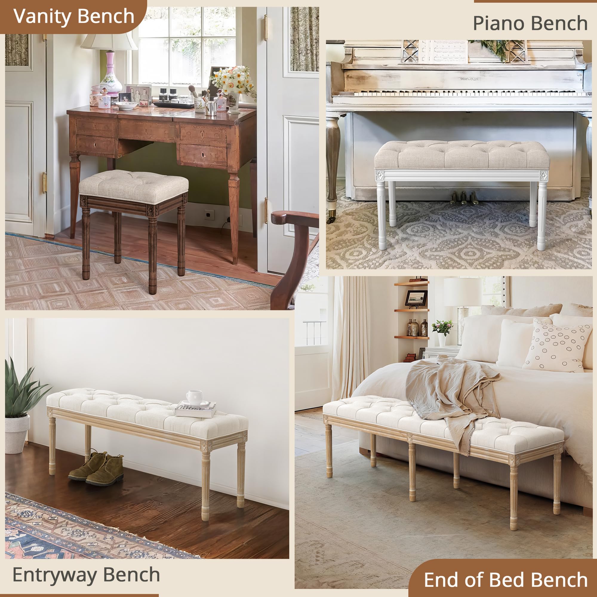 LUE BONA Upholstered Fabric Vanity Bench Seat, Makeup Stools for Vanity, Square Tufted Ottoman Bench with Carved Wood Color Legs for Bedroom Living Room, Beige: Linen Color-dark Brown