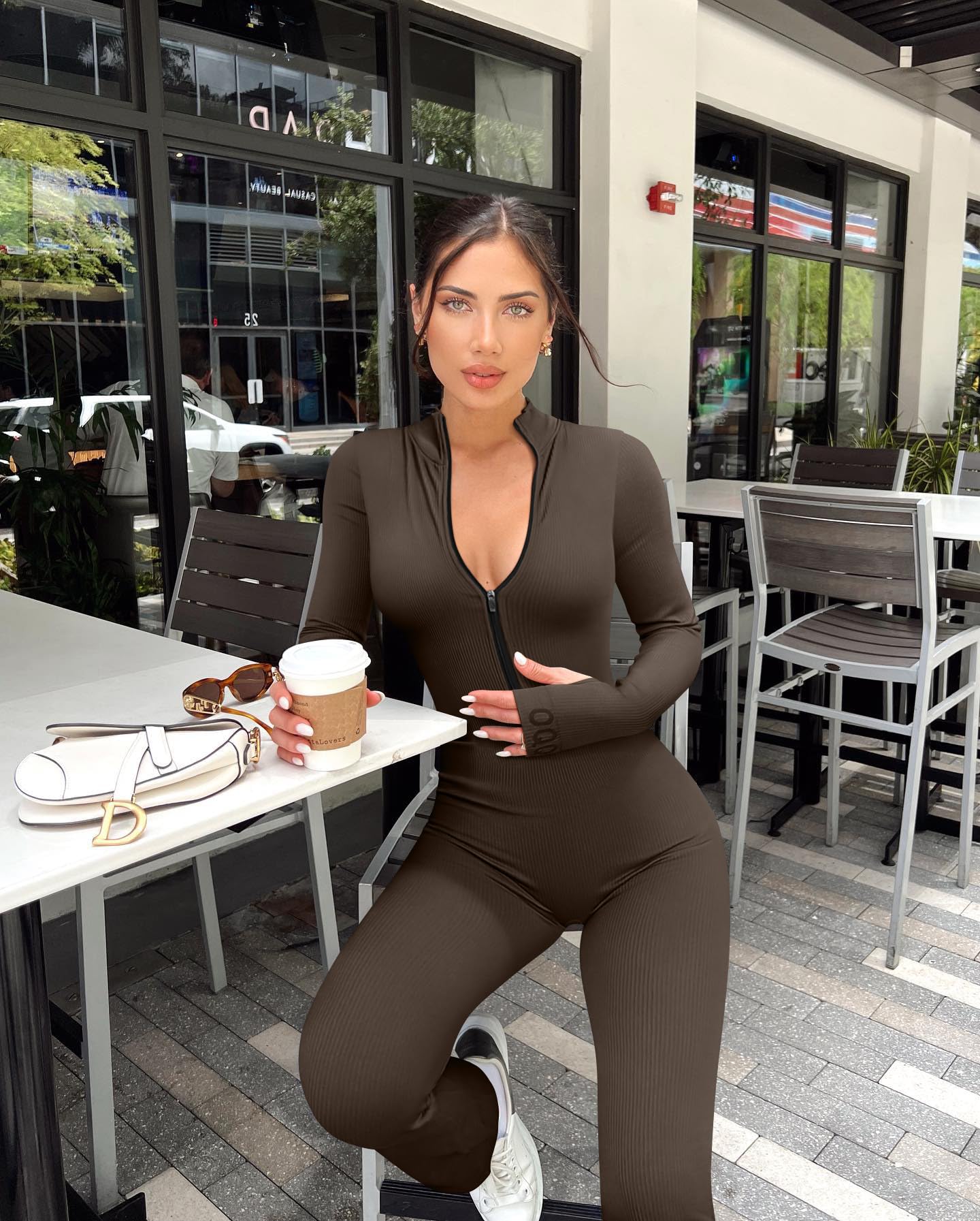 OQQ Women's Yoga Jumpsuits Ribbed Long Sleeve Zip Front Sport Bell Bottoms Flare Jumpsuits Black