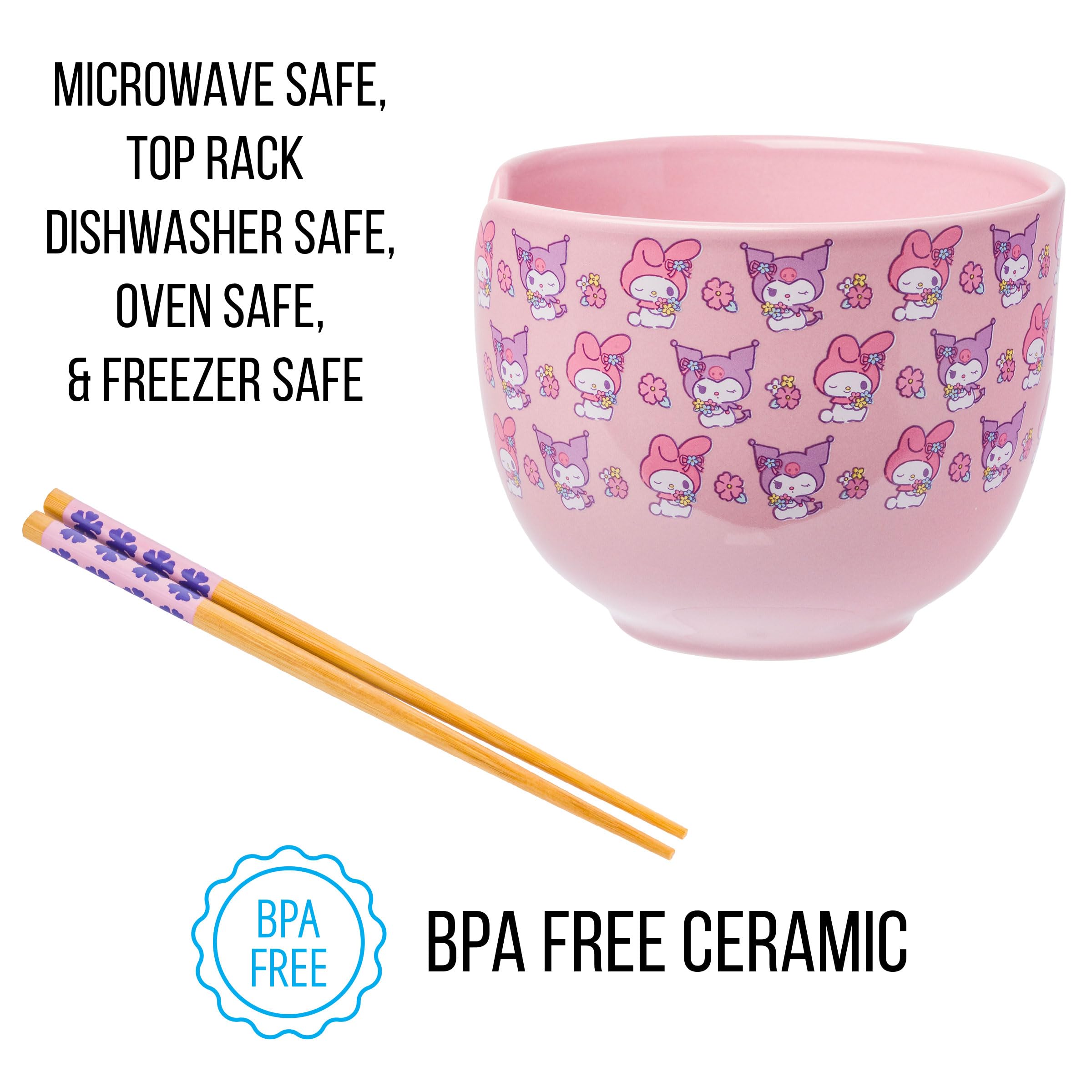 Silver Buffalo Sanrio Hello Kitty and Friends My Melody and Kuromi Pastel Flowers Ceramic Ramen Noodle Rice Bowl with Chopsticks, Microwave Safe, 20 Ounces