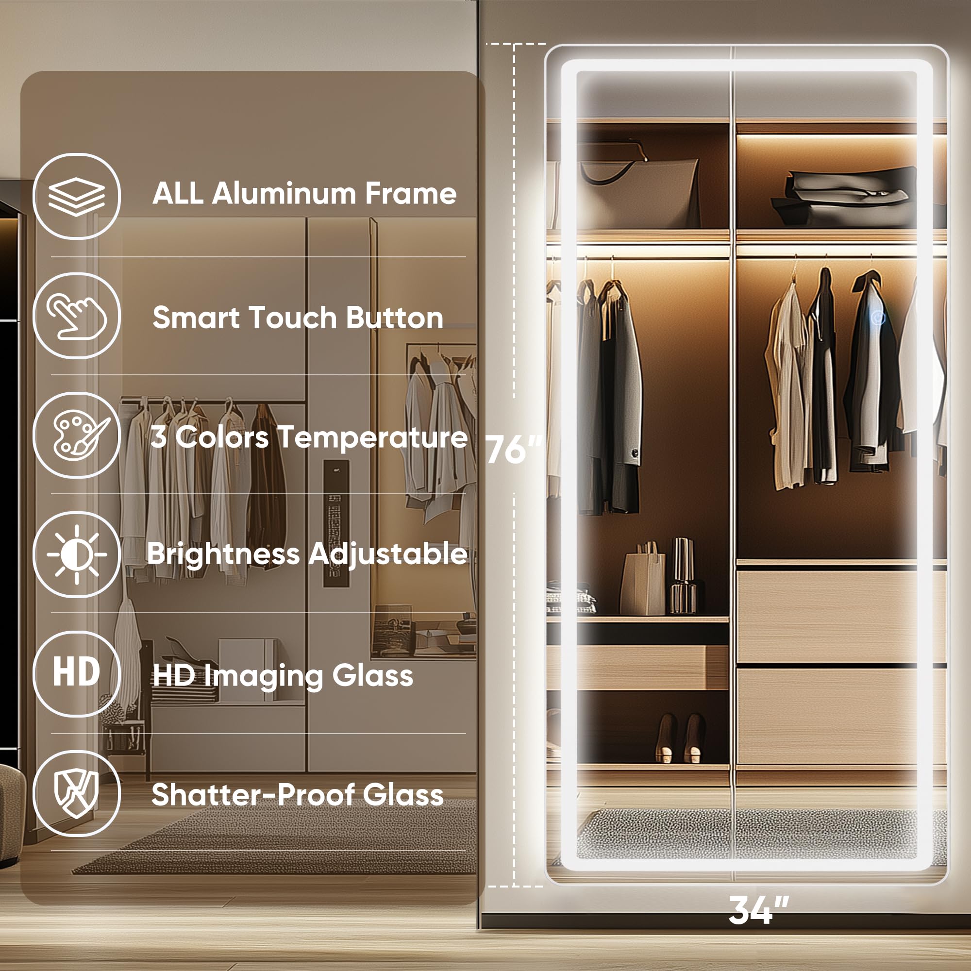 Antok LED Full Length Mirror, 71" x 28" Lighted Floor Standing LED Mirror Full Length,Hanging Mirrors with Stand Free Standing Floor Mirrors for Bedroom (Rect): 59"L x 22"W Rect Style White