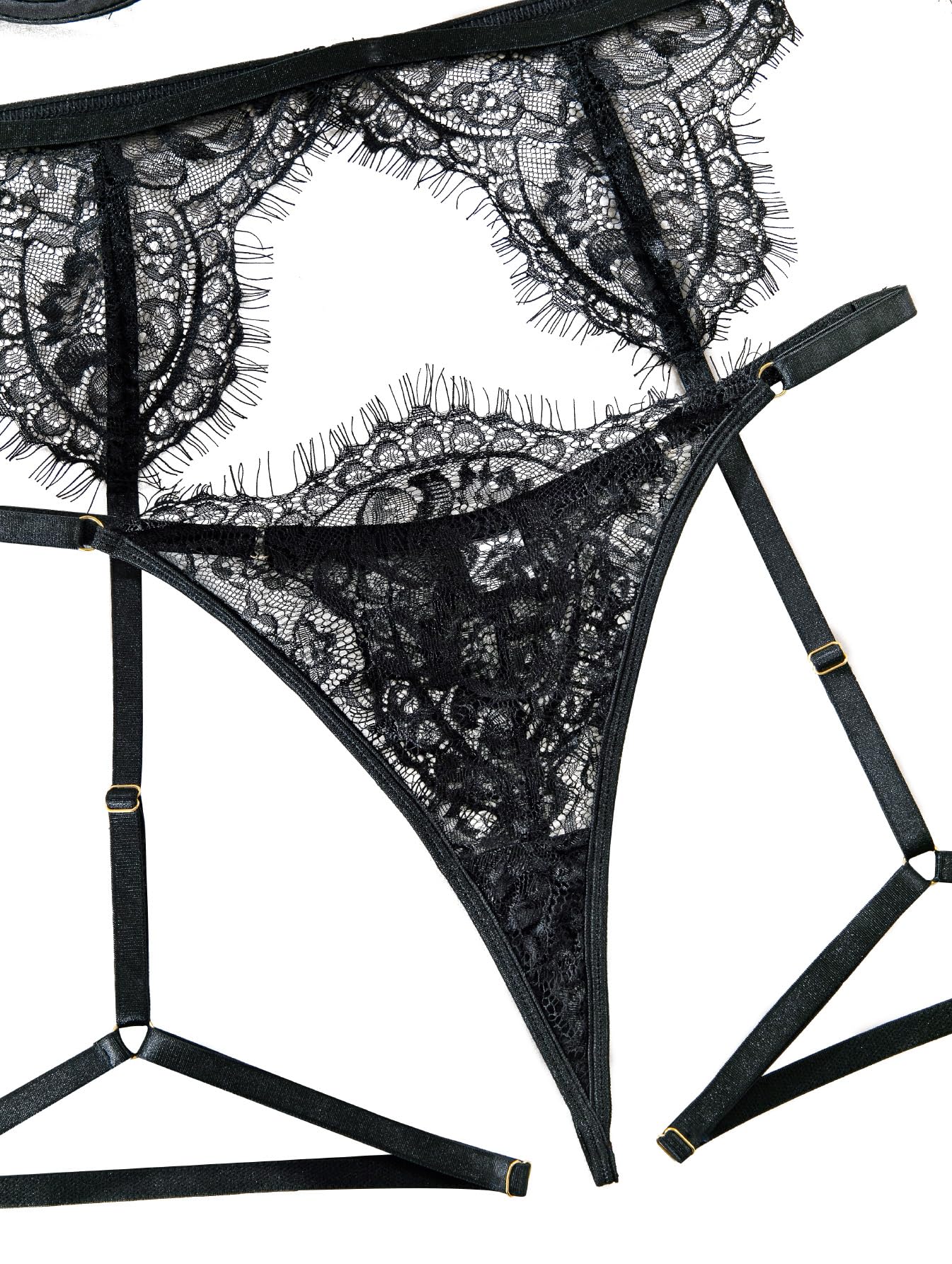 Lilosy Sexy Choker Floral Lace Underwire Push Up Garter Belt Lingerie Set for Women Sheer Bra and Panty 3 Piece: Small Eyelash Black