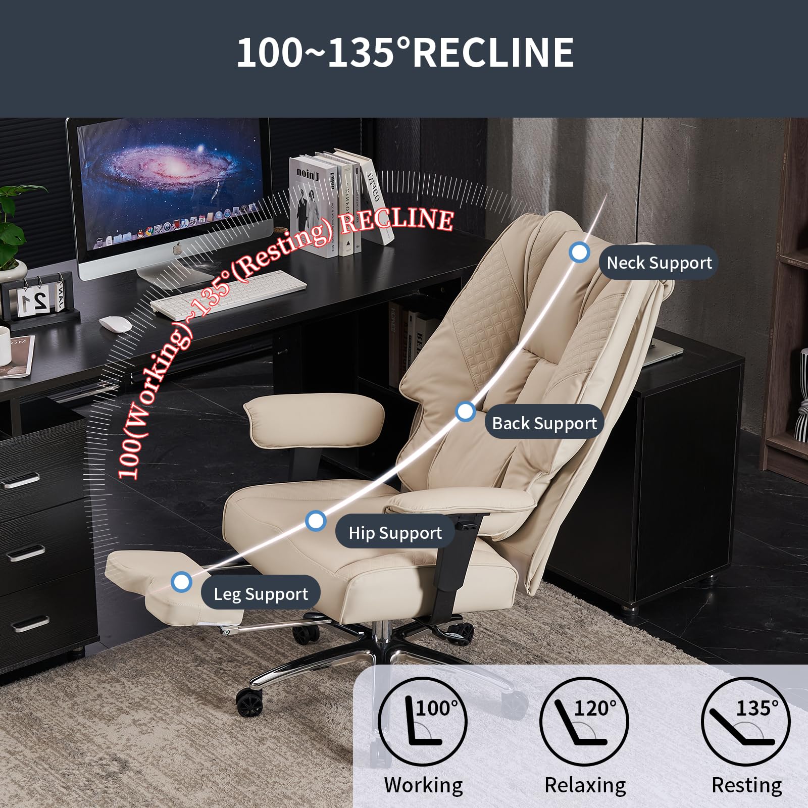 Big and Tall Office Chair 400lbs Wide Seat, Leather High Back Executive Office Chair with Foot Rest, Ergonomic Chairs Lumbar Support for Lower Back Pain Relief (): Beige