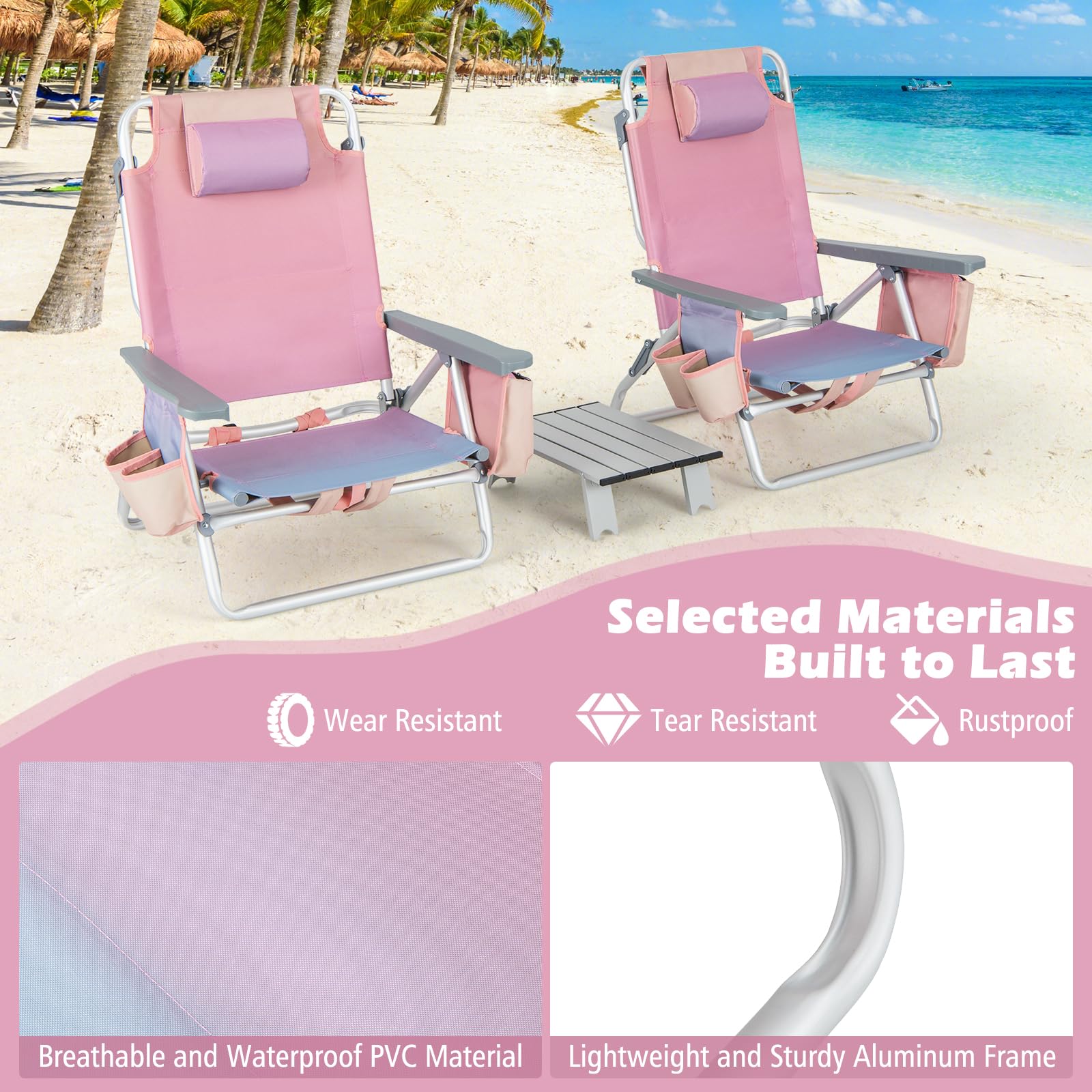 Goplus Beach Chair, Folding Backpack Beach Chairs for Adults with 5 Positions, Head Pillow, Cooler Bag, Towel Bar, Cup Holders, Sunbath Sling Tanning Lounge, Foldable Layout Camping Chairs