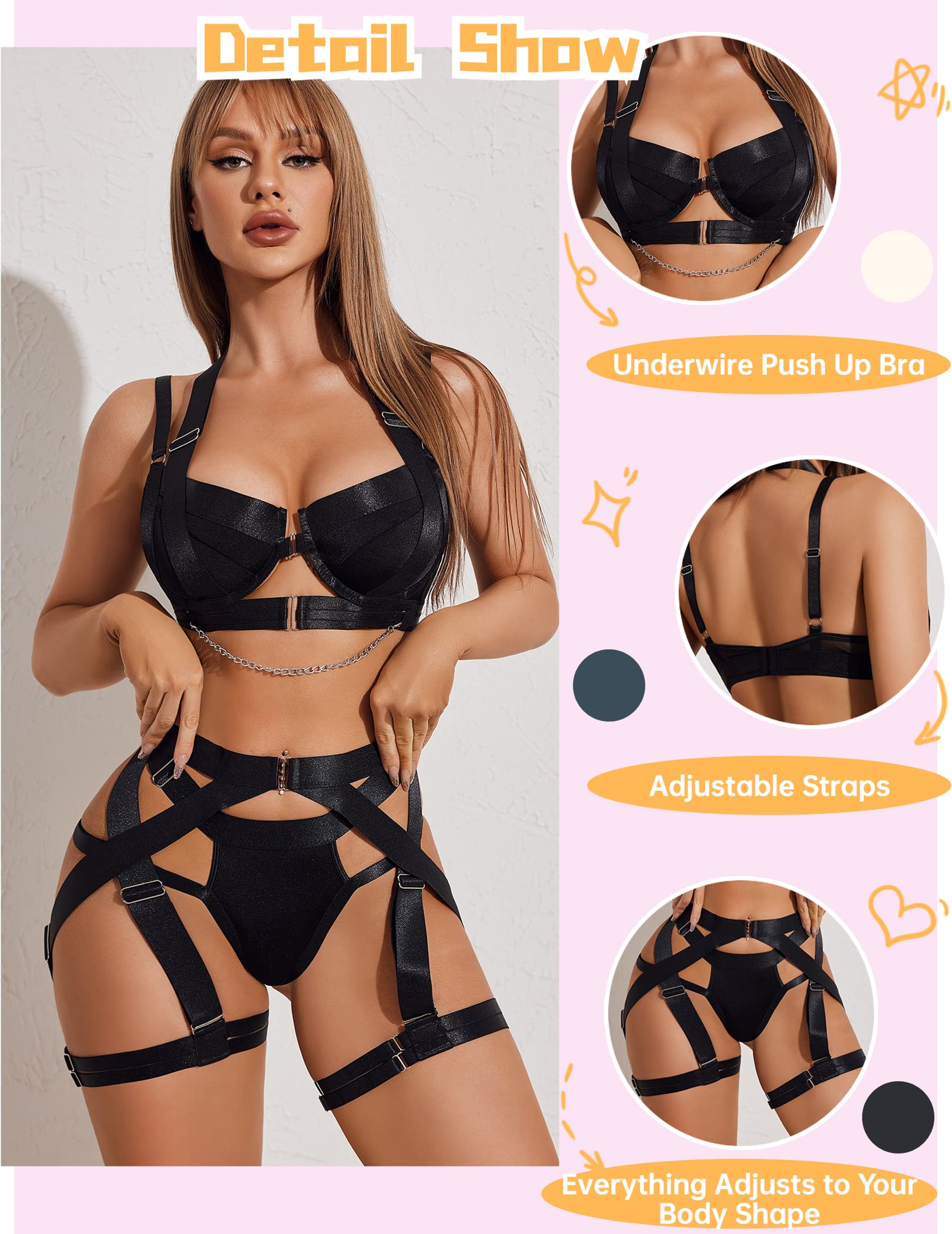 Avidlove Lingerie Set for Women Sexy Strappy Lingerie Underwire Push Up Bra Garter Set Lingerie with Chain: Large Black
