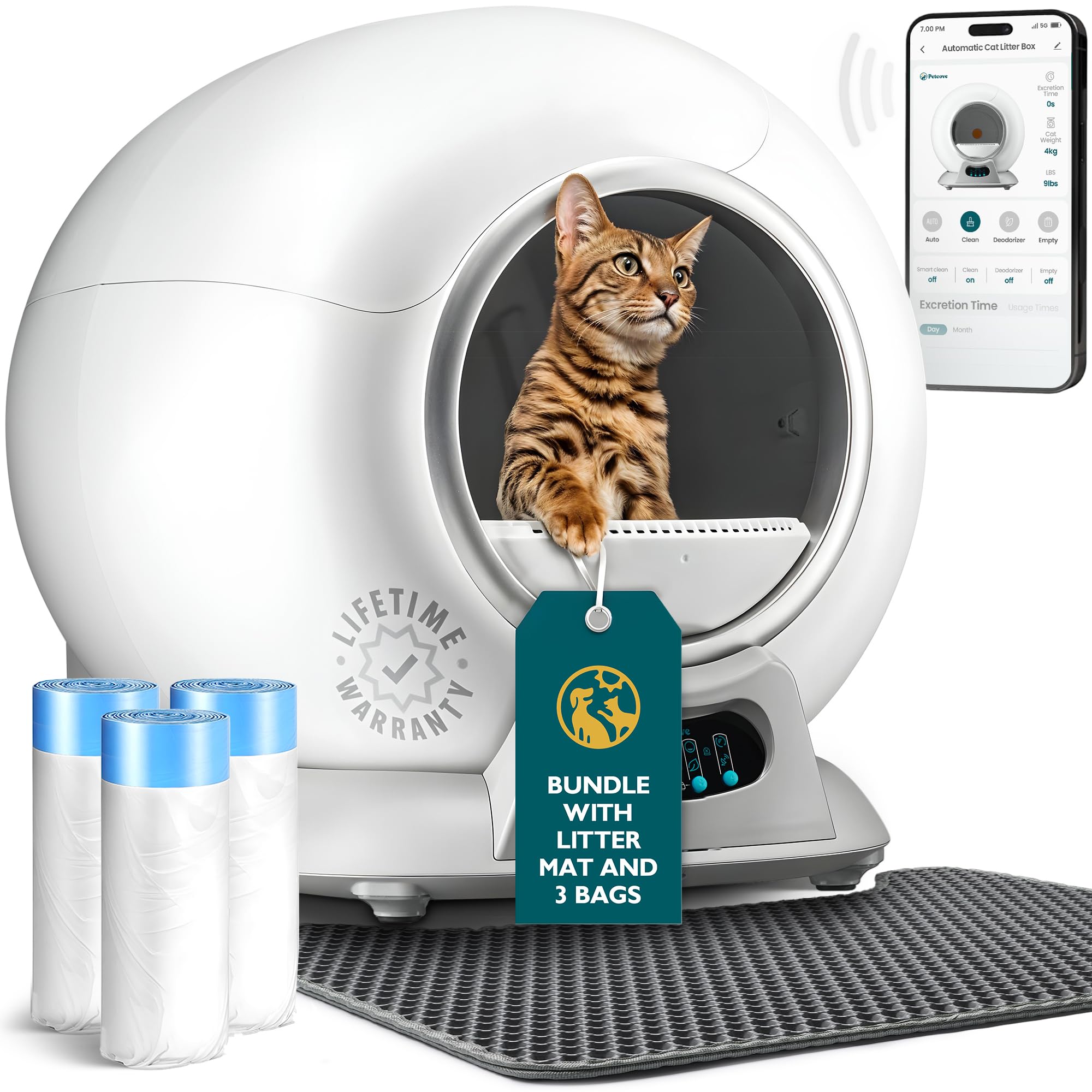 PetCove Self Cleaning Litter Box with Auto Safety Sensors for Multiple Cats - Automatic Cat Litter Box Self-Cleaning - Covered Odor Removal with APP Control - Compatible On All WiFi - Electric Robot: Gray Bundle 3 Pack with Mat