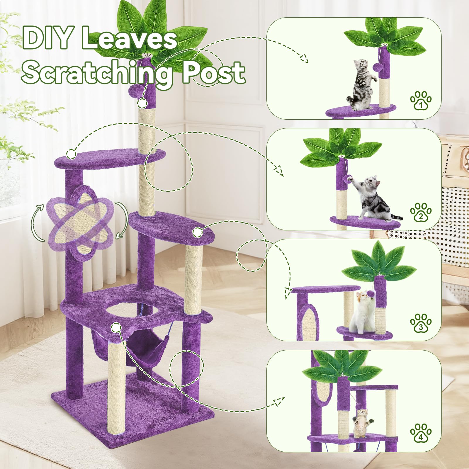 TSCOMON 61" Large Cat Tree Tower for Indoor Cats with DIY Green Leaves Scratching Post Multi Soft Hang Ball Plush Cat House Furniture 360° Rotating Cat Scratch Board with Hammock, Purple
