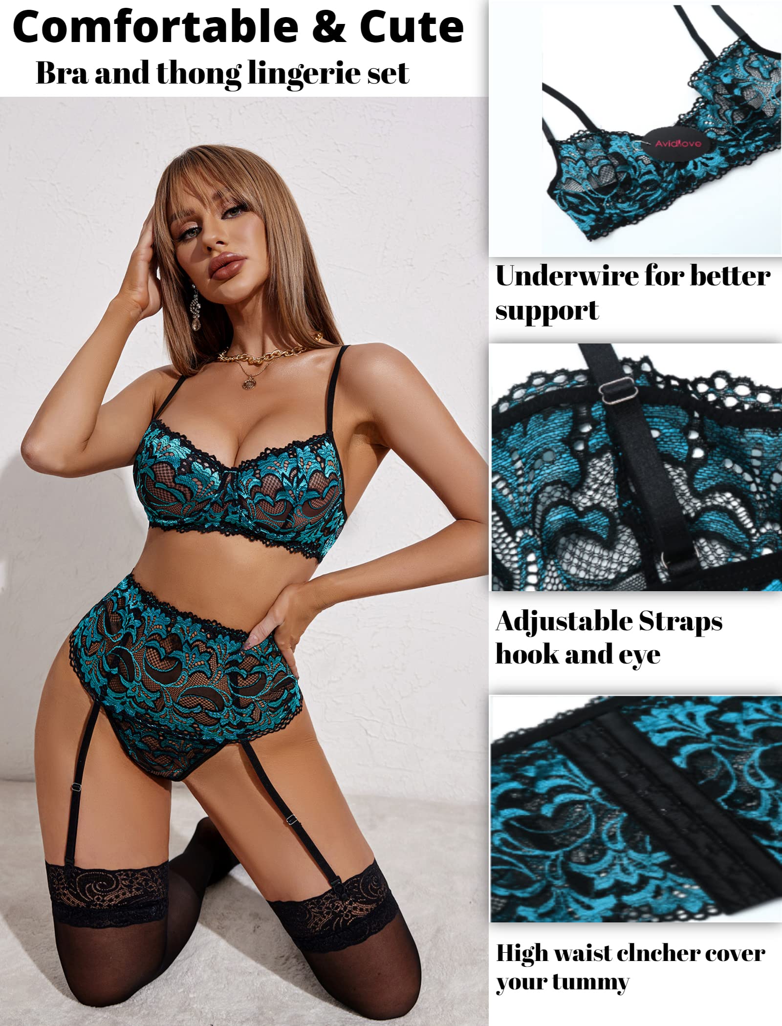 Avidlove Women Lingerie Set High Waisted Underwire Lingerie With Garter Belt Lace Babydoll: Large Green Blue