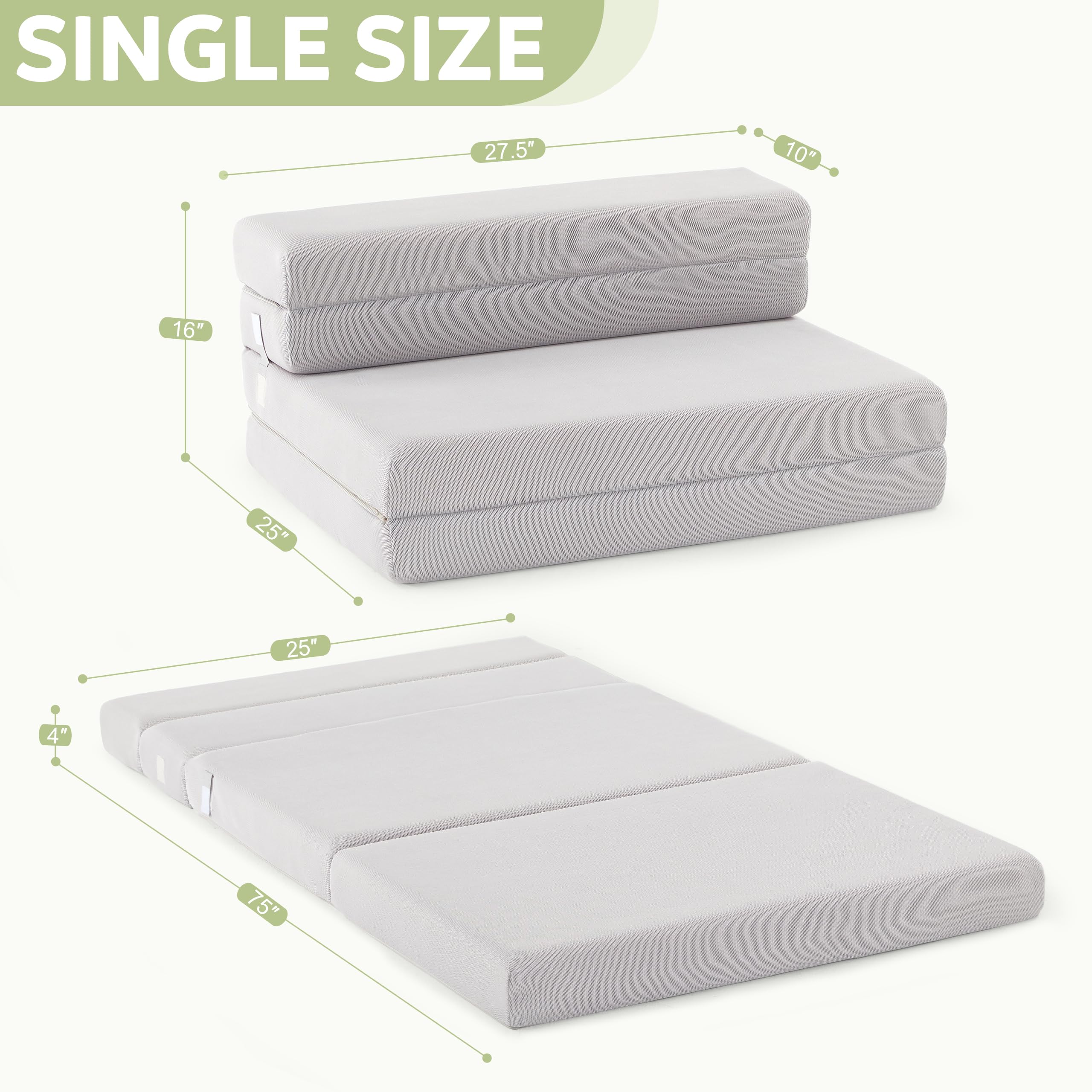 Lazyzizi Folding Sofa Bed Foldable Futon Couch Bed 4Inch Sleeper Floor Sofa for Adults, Camper, Guest, with Headrest, Breathable & Washable Cover (Full)