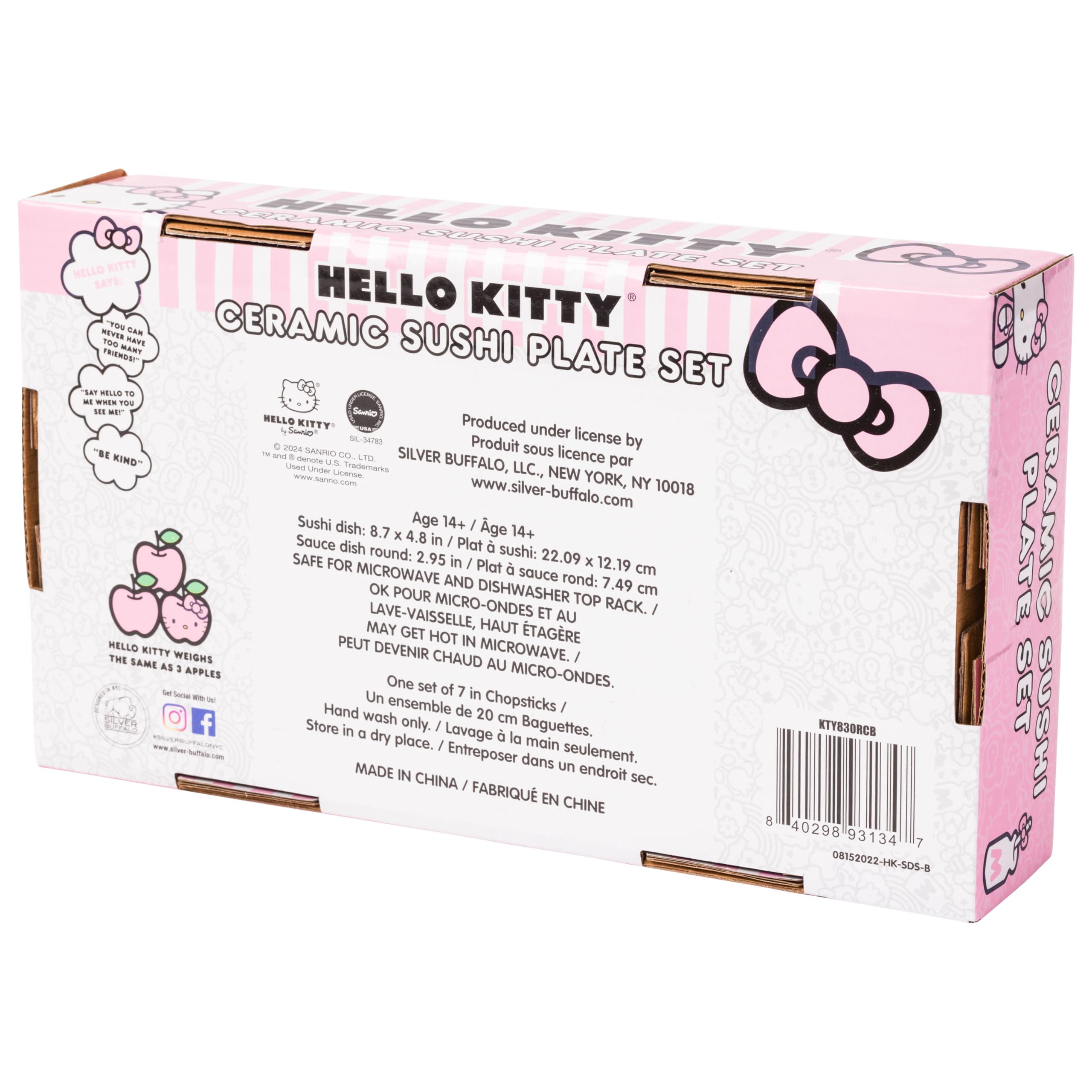 Silver Buffalo Sanrio  Kawaii Ceramic Sushi Set with Dipping Sauce Dish and Matching Chopsticks: Hello Kitty Strawberries and Bows