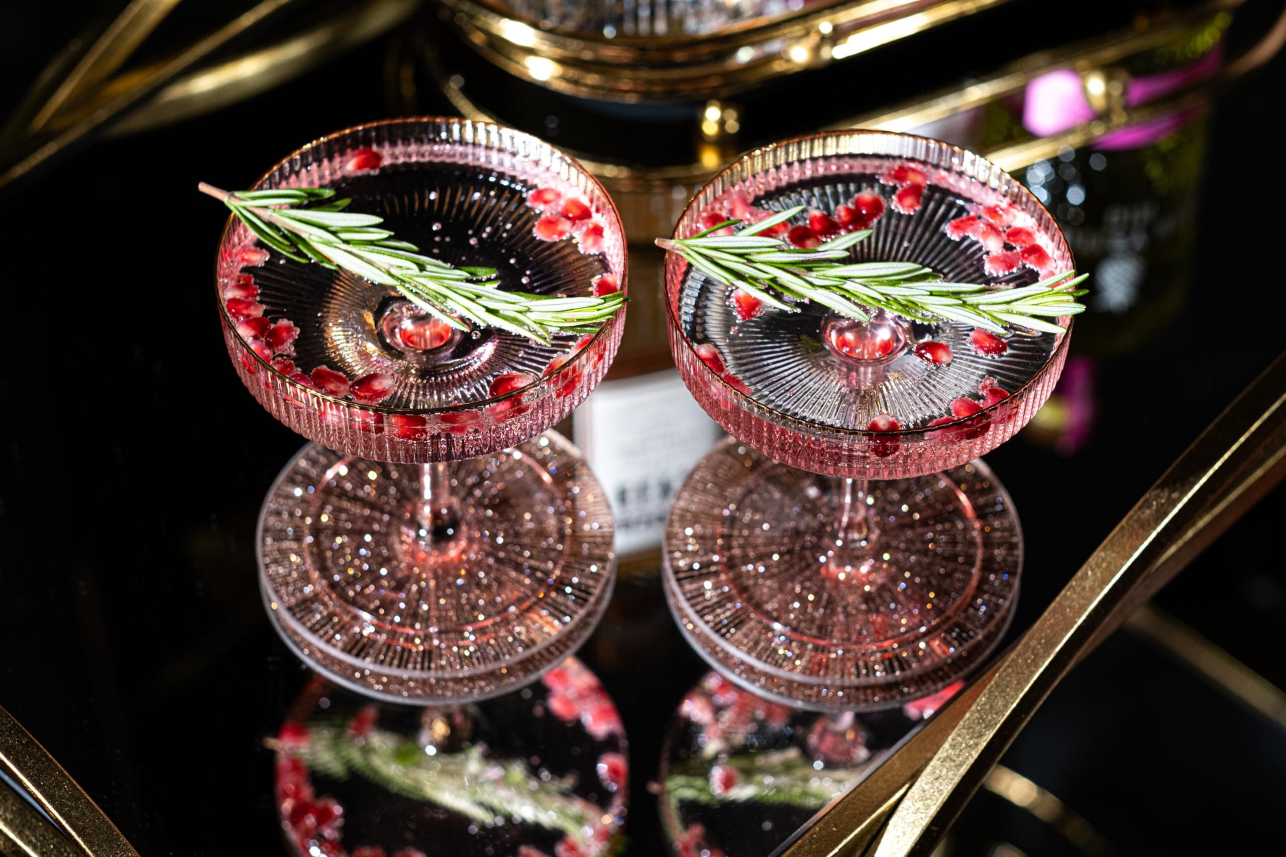 GLASSIQUE CADEAU Vintage Art Deco Blush Pink Coupe Glasses with Gold Rims | Set of 4 | 7 oz Crystal Ribbed Cocktail Glassware for Drinking Champagne, Martini, Cosmopolitan | Girly Speakeasy Saucers - Image 5