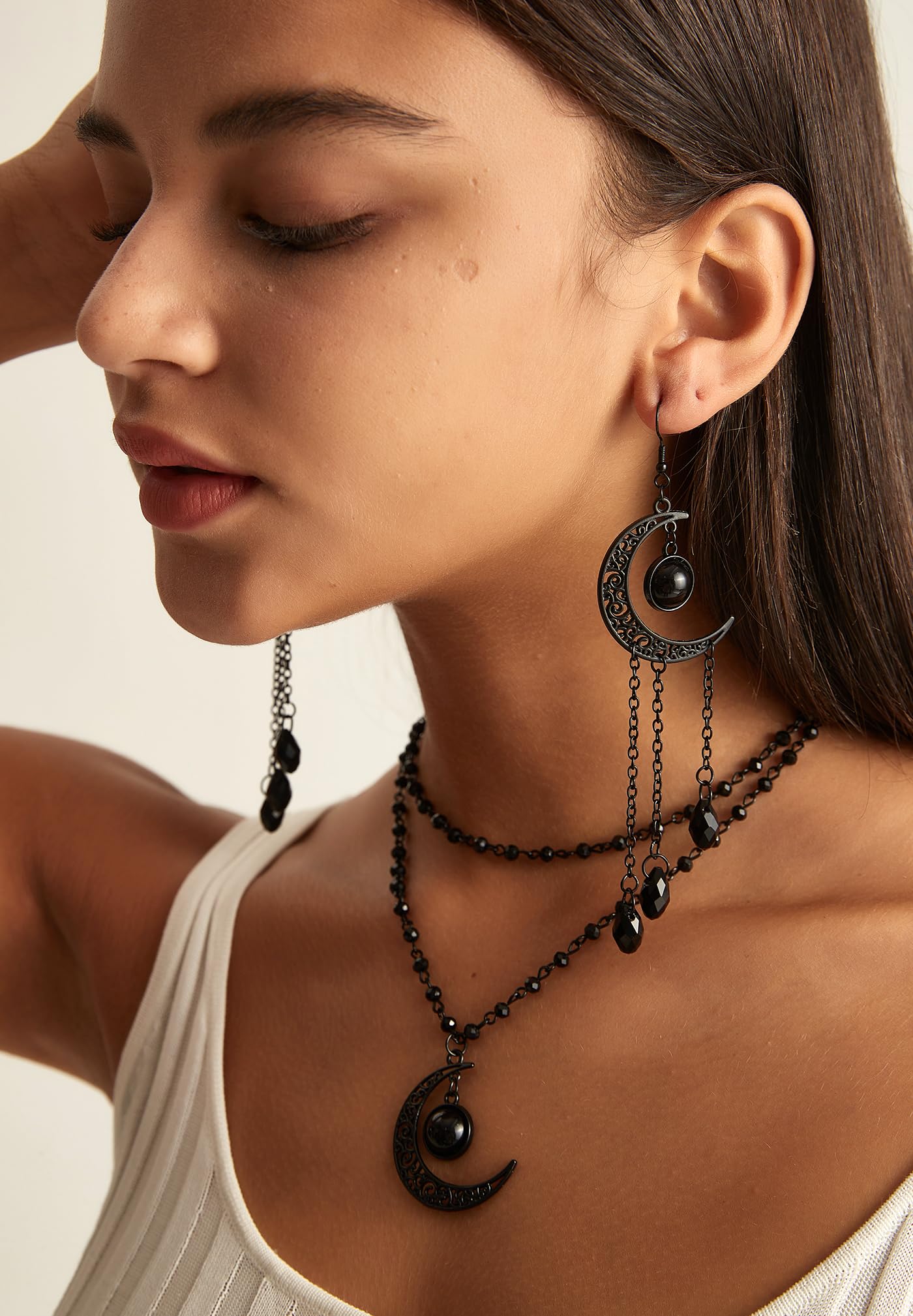 Balirek Gothic  Necklaces Moon Cross Necklaces Black Crystal Chain Halloween Black Pendant Choker Halloween Jewelry for Woman: Moon