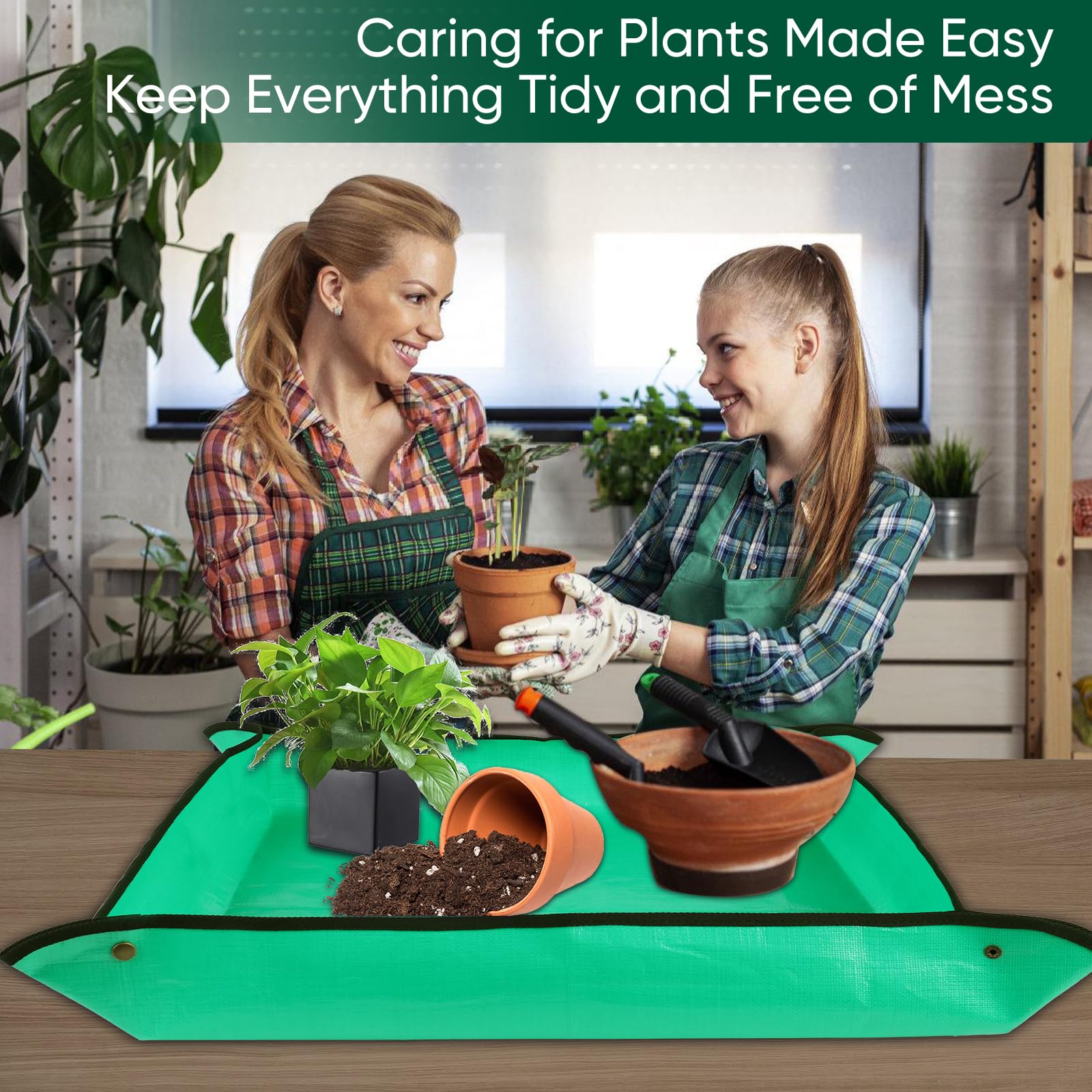 LCHUANG Repotting Mat for Indoor Plant Transplanting - 26'' x 26'' Planting Soil Mess Control, Portable Succulent Potting Tray Waterproof Gardening Mat (Pale Green): 26 x 26"
