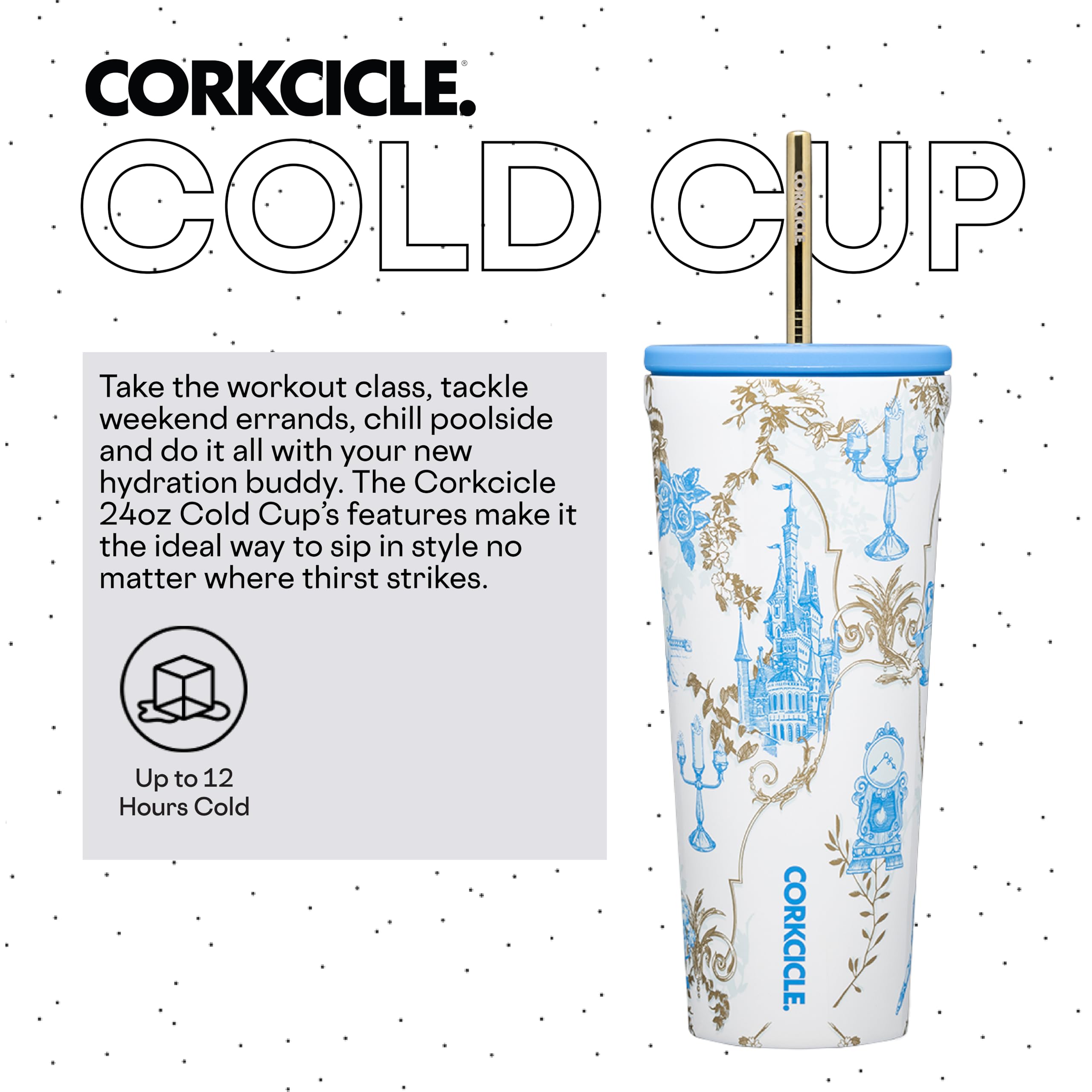 Corkcicle x Disney Princess Belle Cold Cup Insulated Tumbler with Lid and Straw, 24 oz – Reusable Water Bottle Keeps Beverages Cold 12hrs, Hot 5hrs – Cupholder Friendly, Lid for Flexible Sipping