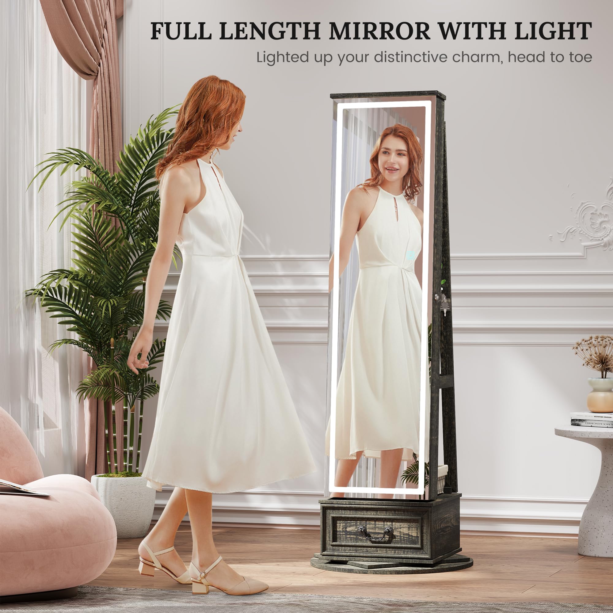 LVSOMT LED Mirror Jewelry Cabinet Standing, 360°Swivel Jewelry Armoire with Full Length Mirror, Mirror with Jewelry Storage and Large Wooden Drawer for Christmas Gifts (): Rustic Grey