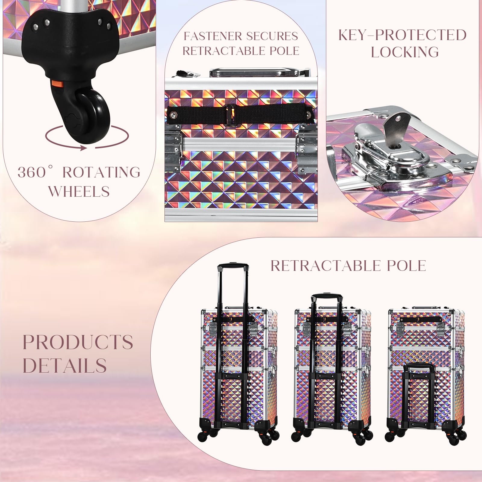 FRENESSA 3 in 1 Rolling Makeup Train Case Portable Cosmetic Trolley Large Storage for Professional with 360° Swivel Wheels Salon Barber Case Traveling Cart Trunk - Glitter Pink